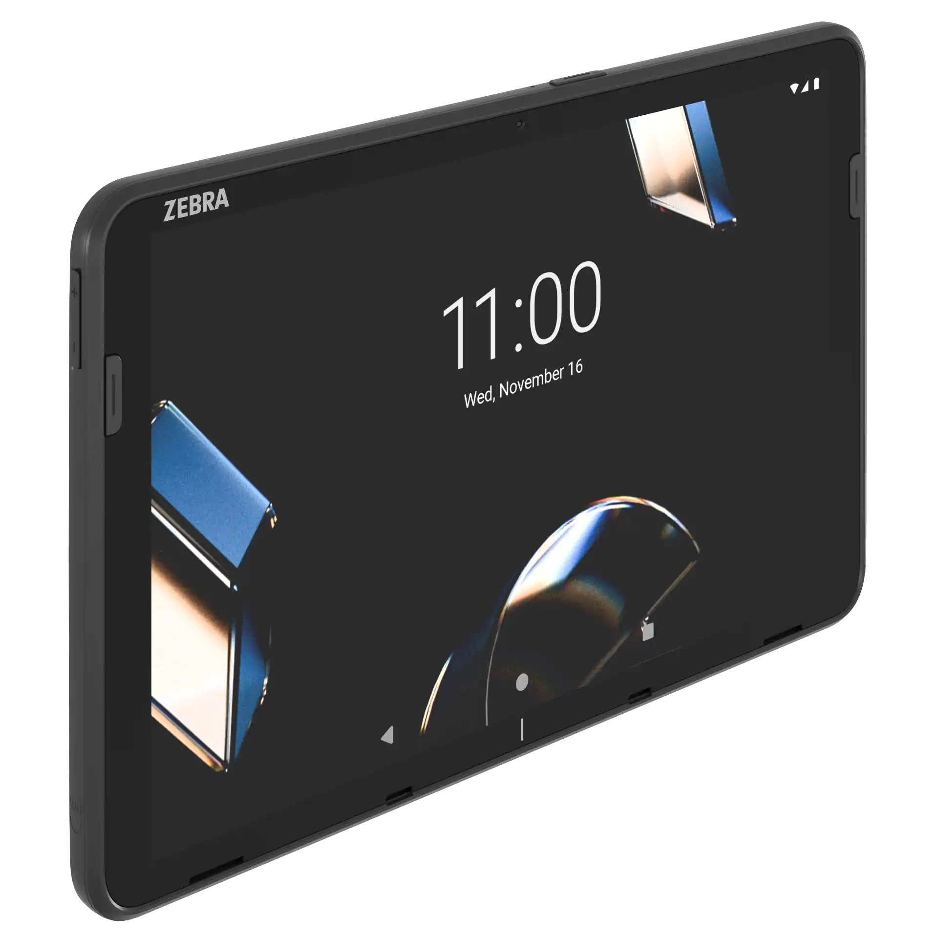 Tablet Zebra ET401, 10-Zoll – schräge linke Frontansicht, Display an, Tasten seitlich sichtbar