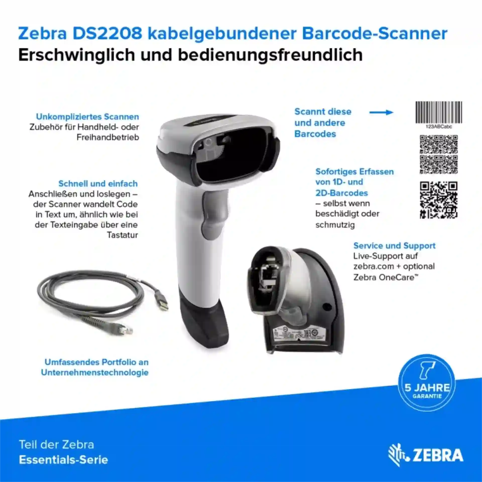 Barcode-Scanner Zebra DS2208 von vorn und seitlich mit Scanfenster, Auslöser, Kabel und Produktinformationen