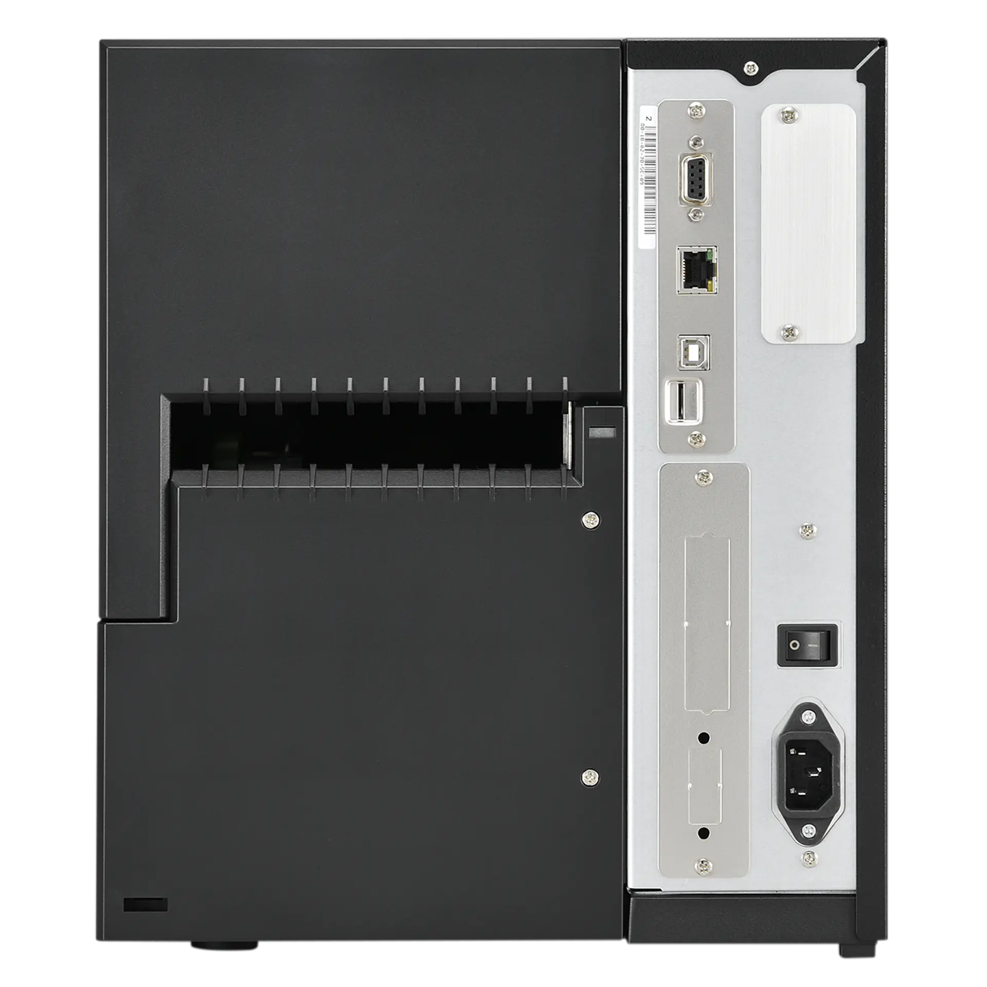 TSC MH241T Etikettendrucker, Rückansicht mit USB-, LAN-, Seriell- und Stromanschlüssen