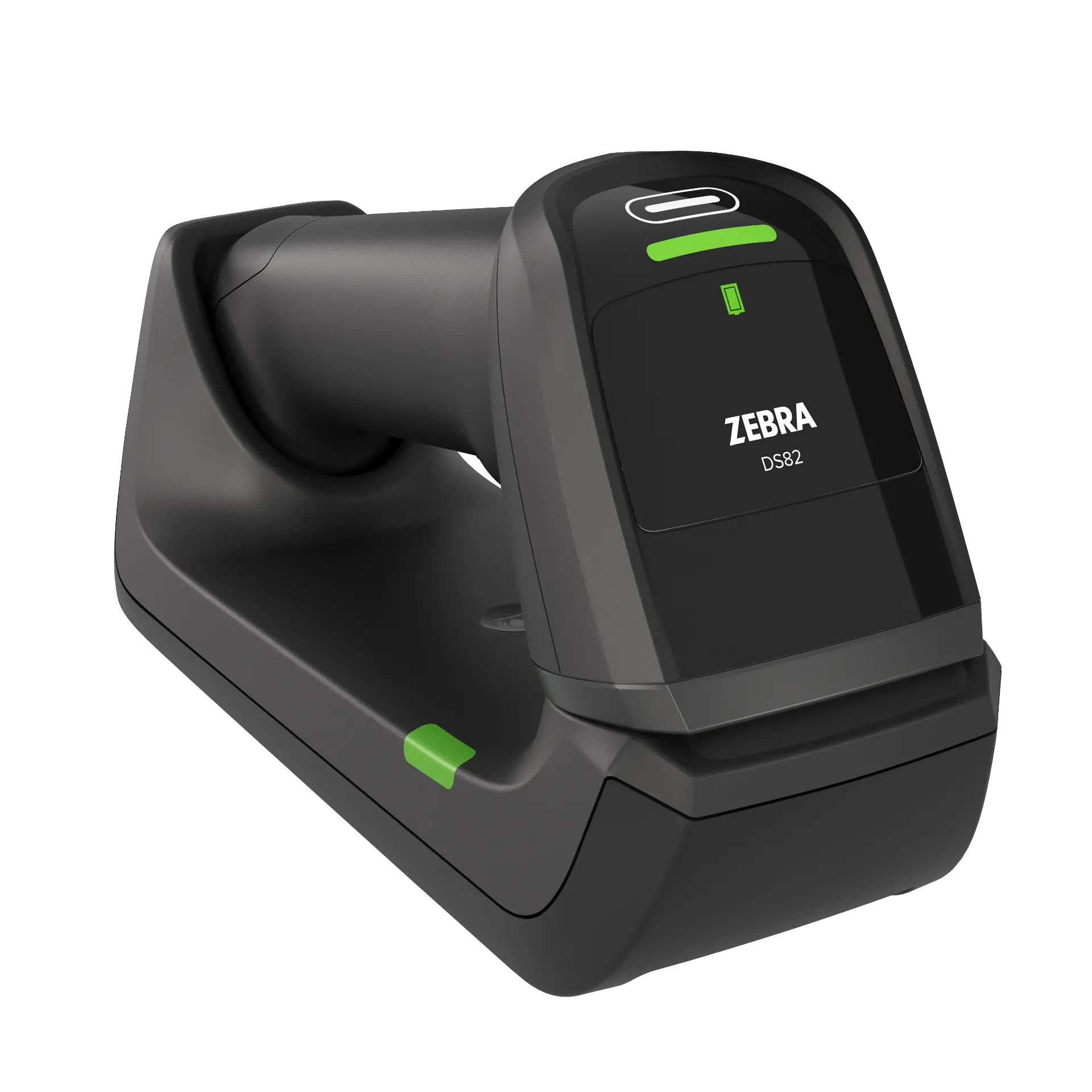 Barcode Scanner Zebra DS8288 in Standard-Cradle – Front seitlich links mit Statusanzeige und Halterung