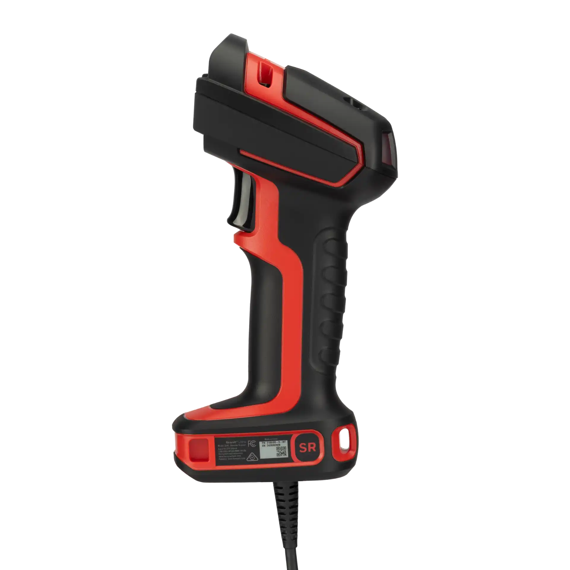 Barcode-Scanner Honeywell Granit Ultra 2100i SR – linke Seitenansicht mit schwarzer Griffauflage, rotem Schutzrahmen und Kabel.