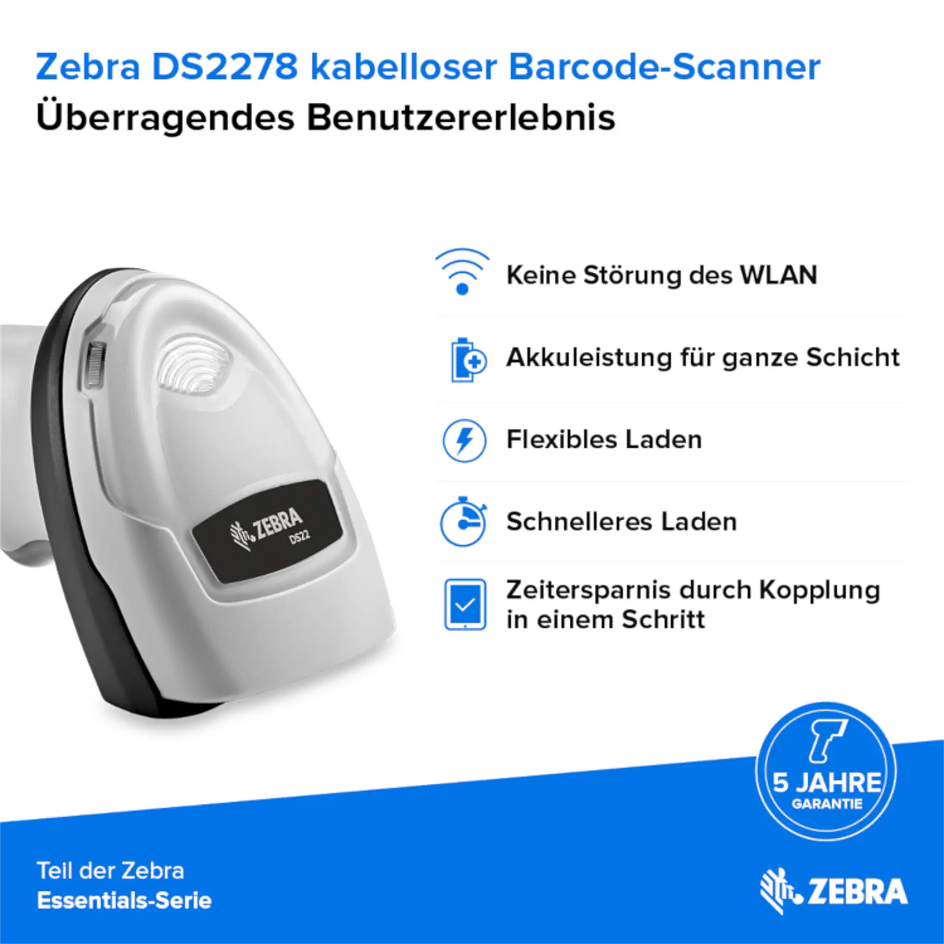 Barcode Scanner Zebra DS2278 – weißes Gehäuse schräg von oben mit seitlichen und oberen LEDs; wichtige Produktinformationen
