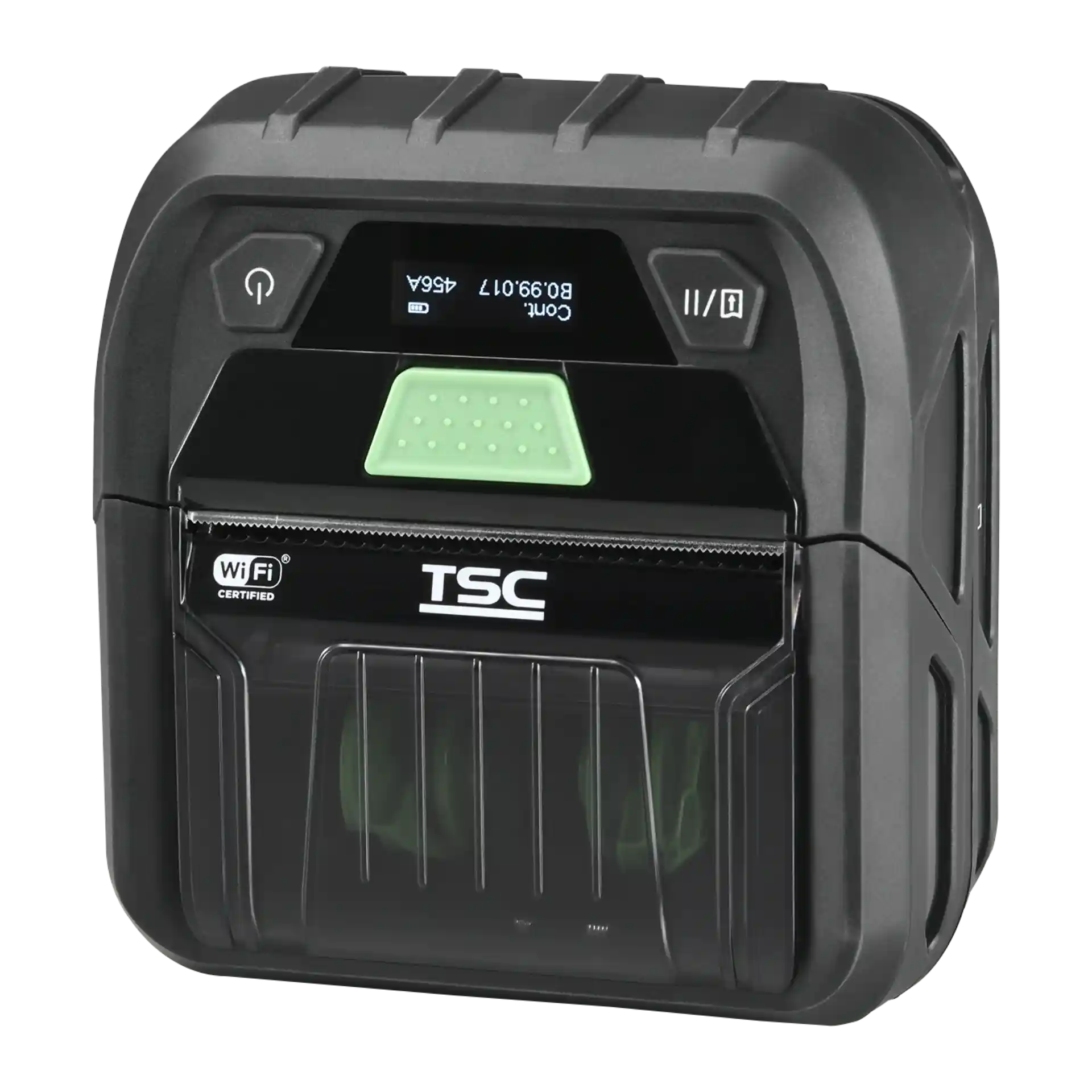 Mobiler Etikettendrucker TSC RE310 – schräg vorne rechts, aktives Display, seitliche Gehäusegriffe, transparente Medienabdeckung und Bedienfeld mit zwei Tasten