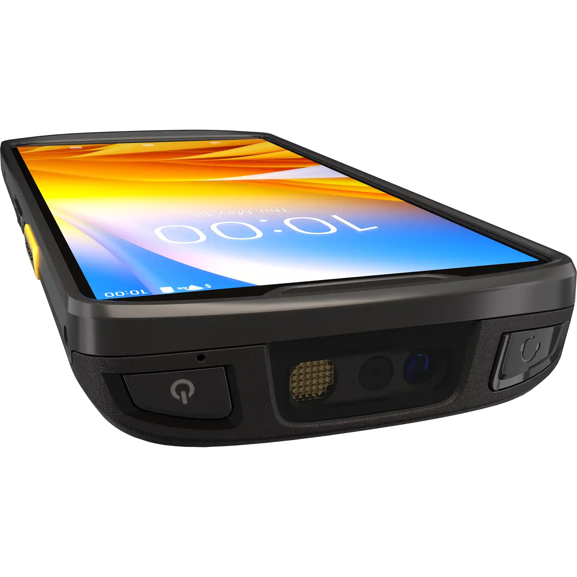 MDE Gerät Zebra TC53/TC58 - Oberseite mit Scanmodul SE4720, seitliche Ansicht links, Tasten und eingeschaltetem Display.