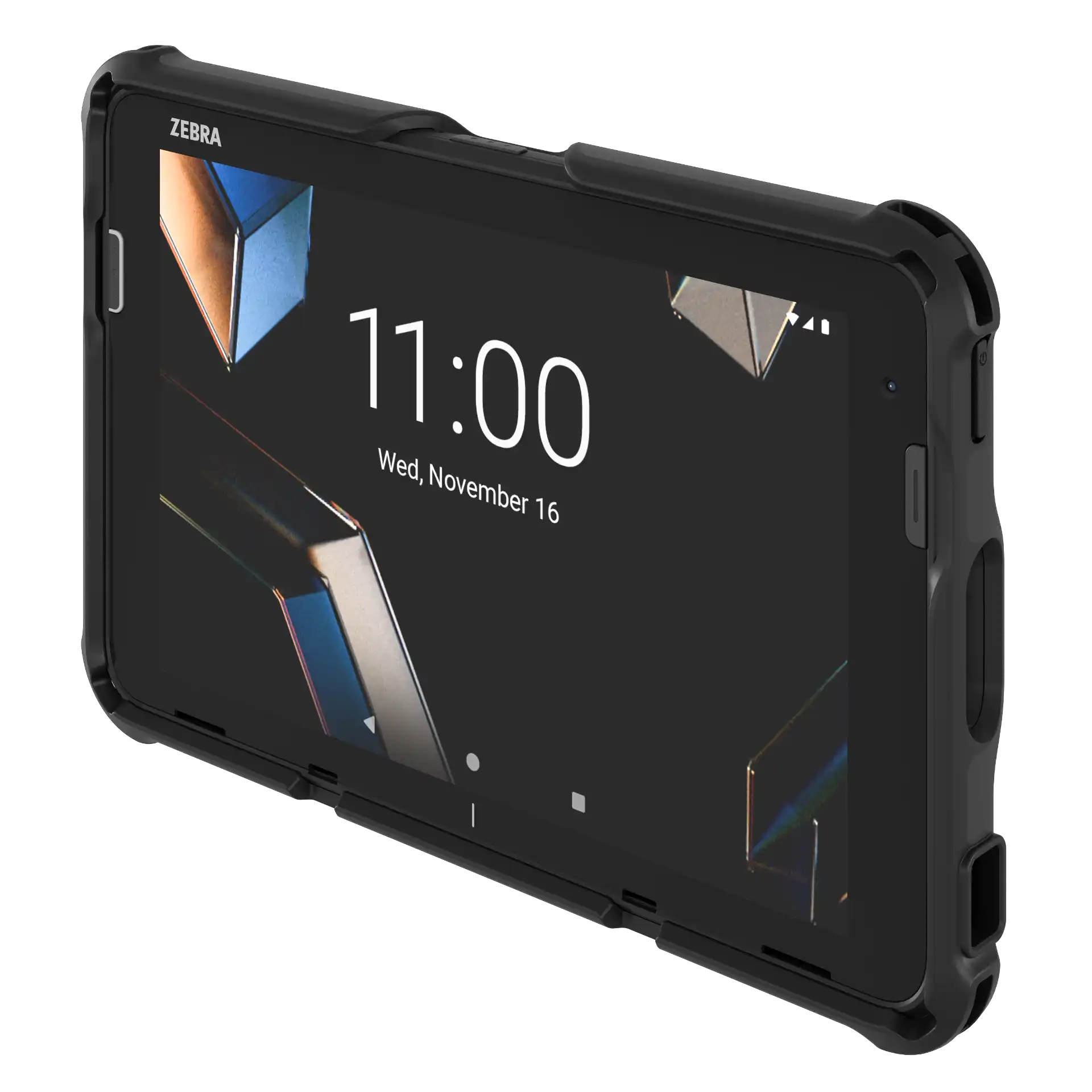 Tablet Zebra ET401, 8 Zoll mit Scanner - schräge Front rechts, Display an, Kamera, Tasten und Schutzhülle sichtbar