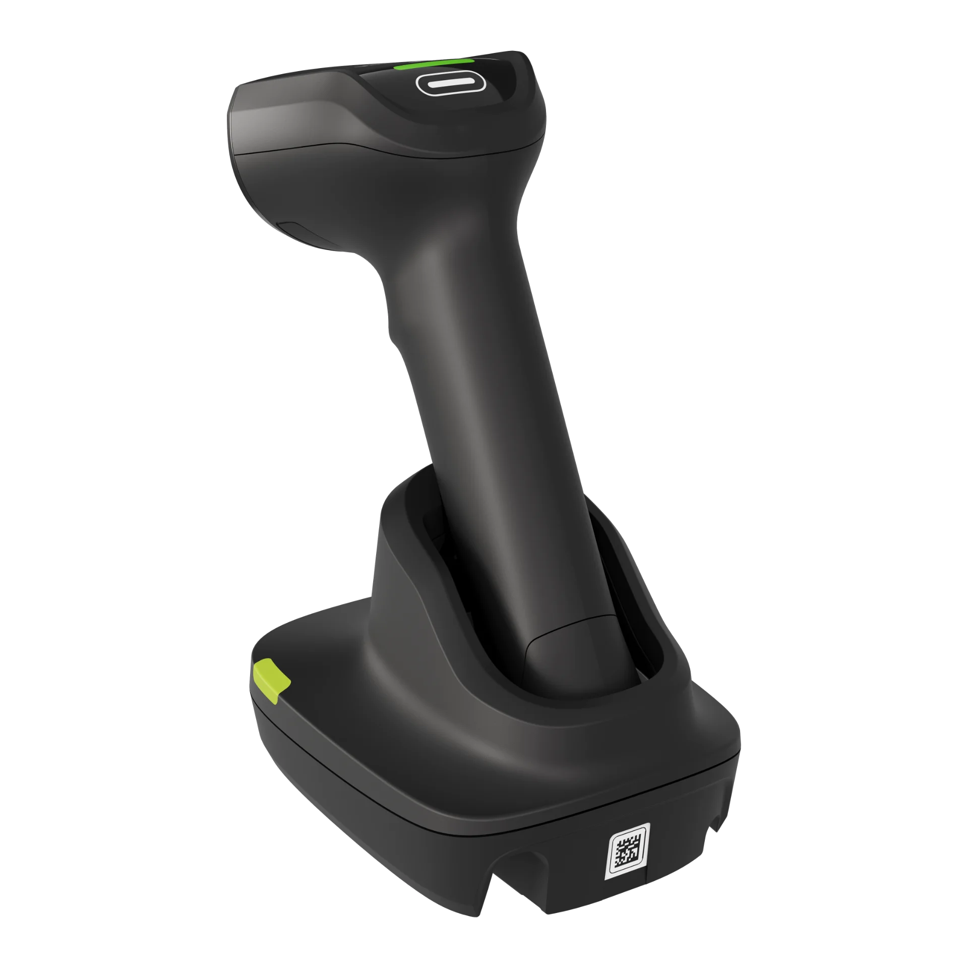 Barcode Scanner Zebra DS8288 in Präsentations-Cradle, Rückseite links mit Gehäuseform und Ladebereich