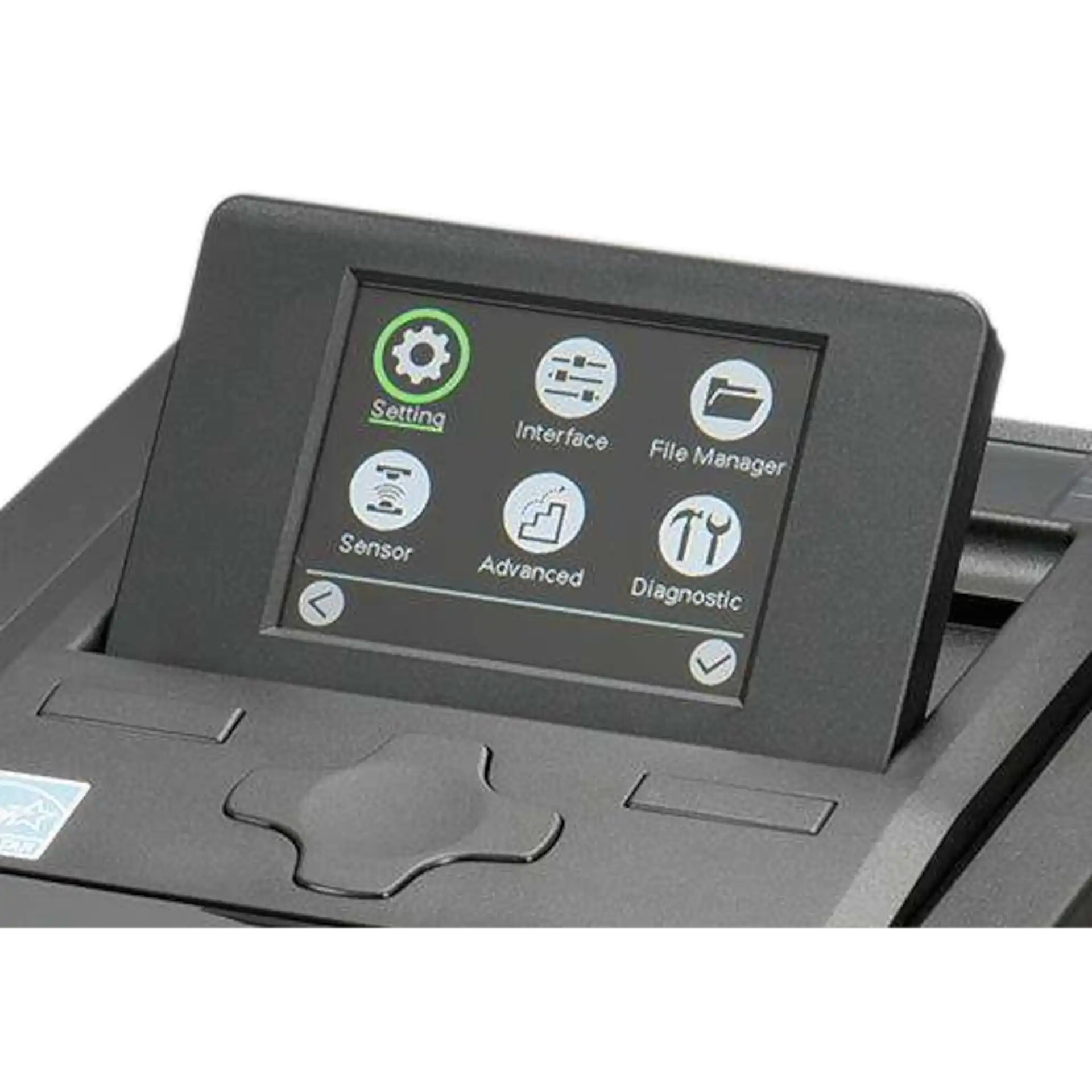 TSC TX210 Etikettendrucker, Nahaufnahme des ausgeklappten Farb-LCD-Displays mit Menü-Symbolen sichtbar