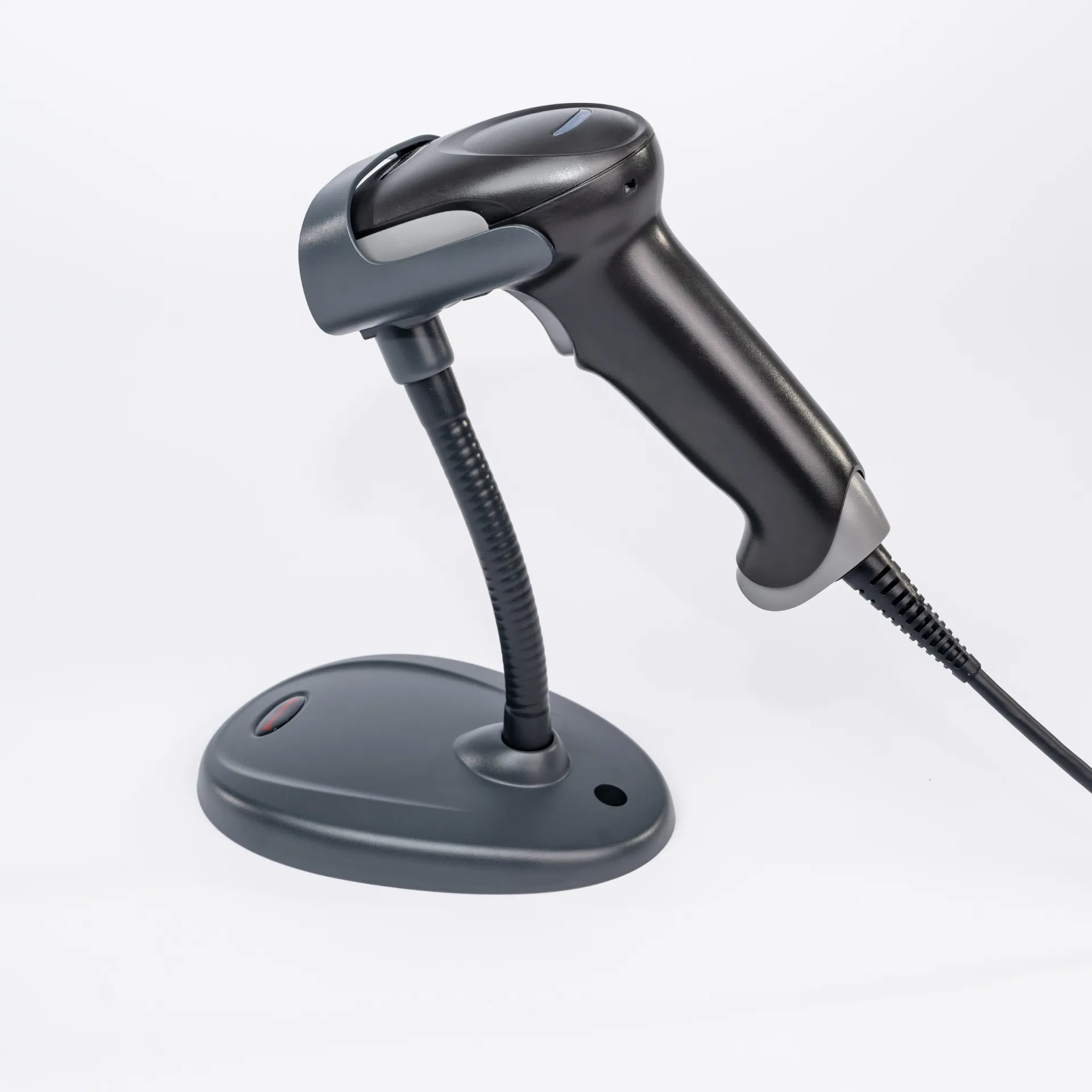 Barcode-Scanner Honeywell Voyager 1470g – Linke Rückansicht im Standfuß mit Halterung, Griff, Kabel und Gehäuse
