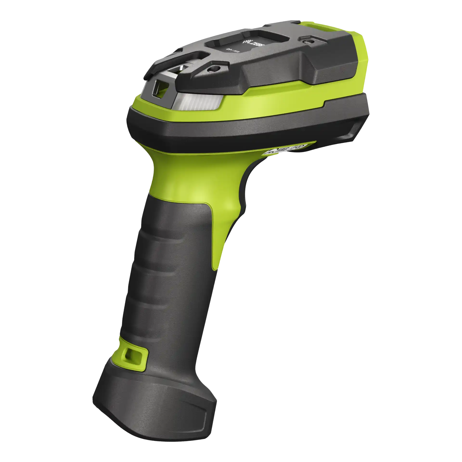 Barcode-Scanner Zebra DS3608-DPM – rückseitige rechte Schrägansicht auf robuste Oberseite, grüne Gehäuseschale und strukturierten Griff.