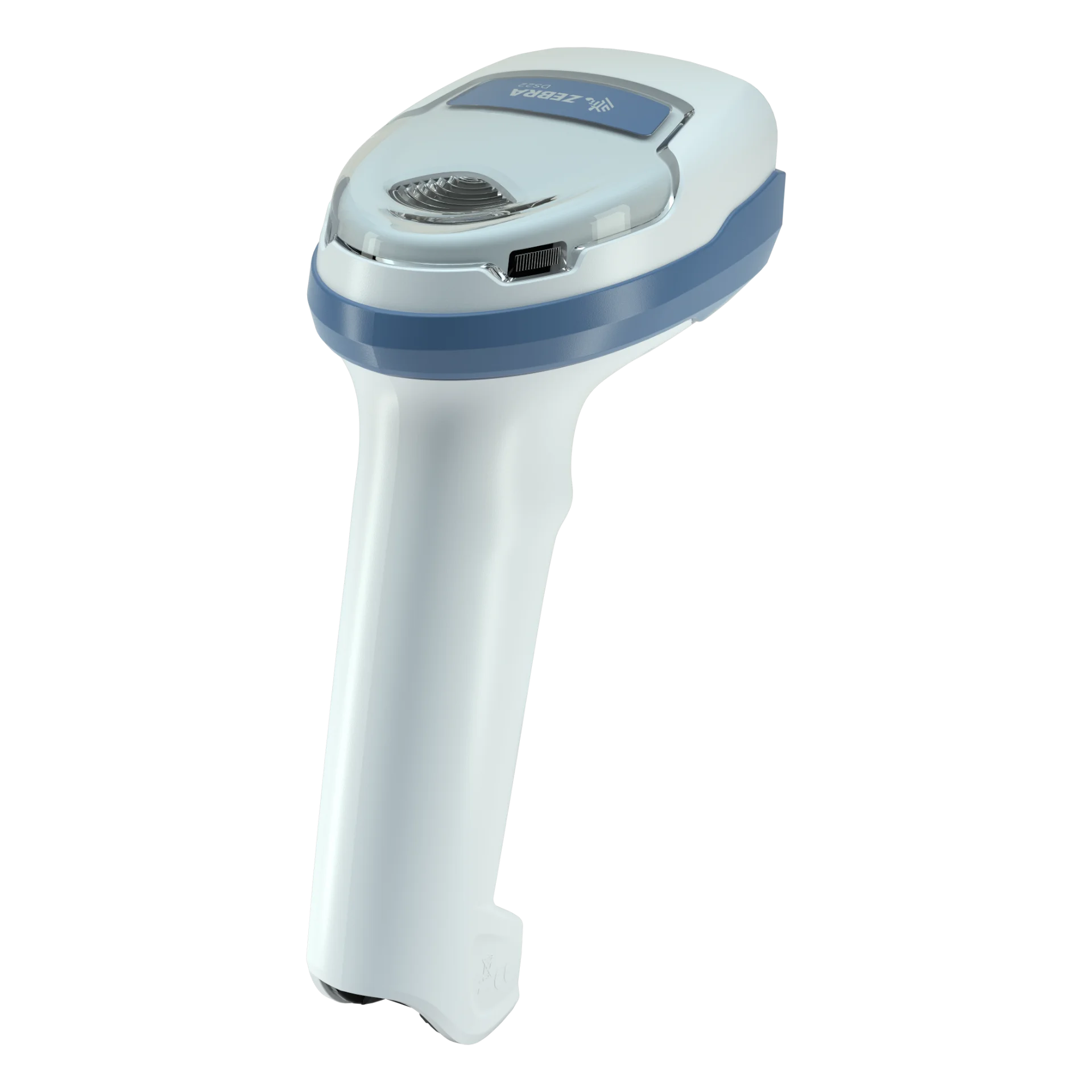 Barcode-Scanner Zebra DS2278-HC schräg von hinten rechts: weißes Gehäuse mit blauem Band, Typenschild und transparenter Abdeckung.