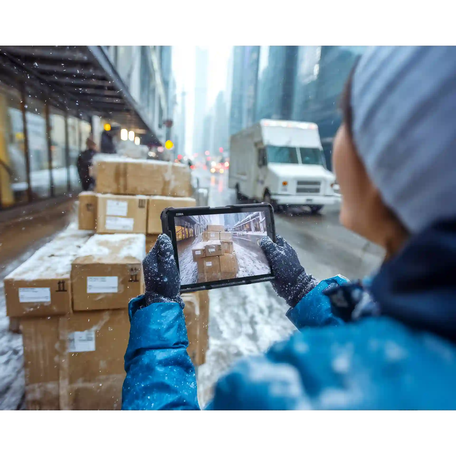 Tablet Zebra ET401 – Nutzung draußen im Winter, Display an, Kamera aktiv