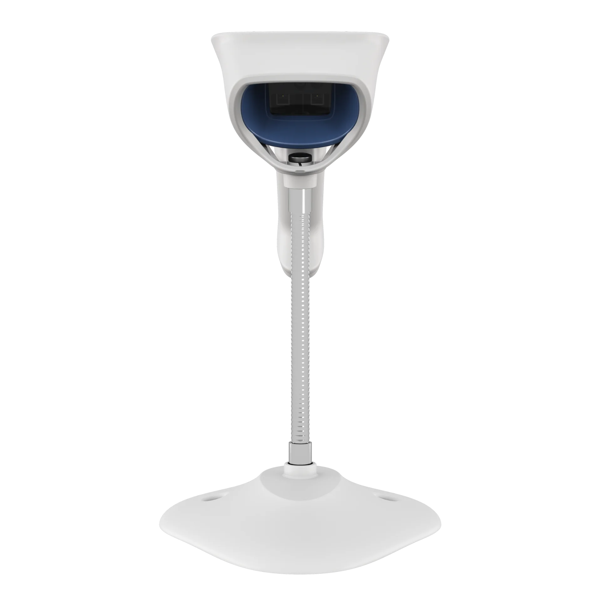 Barcode Scanner Zebra DS8208-HC frontal im Schwanenhals-Intellistand, Sicht auf blaues Scanfenster mit optischem Sensor, weiße Standbasis