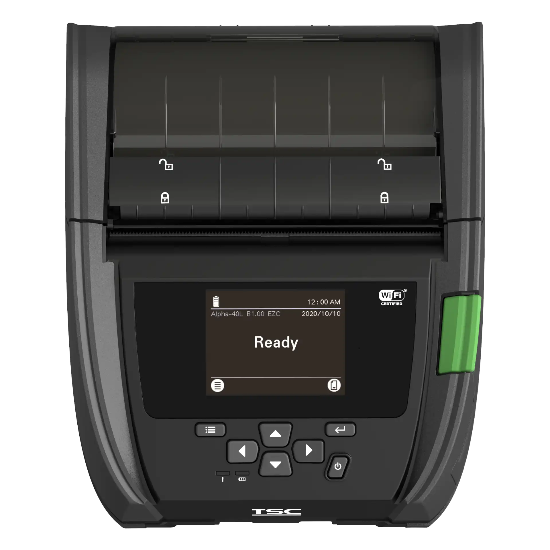 Etikettendrucker TSC Alpha-40L – Oberseite mit Verriegelungssymbolen, eingeschaltetem Display mit Anzeige „Ready“, WiFi-Logo und grüner Taste