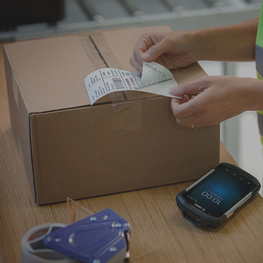 Ein Versandetikett wird auf einen Karton geklebt