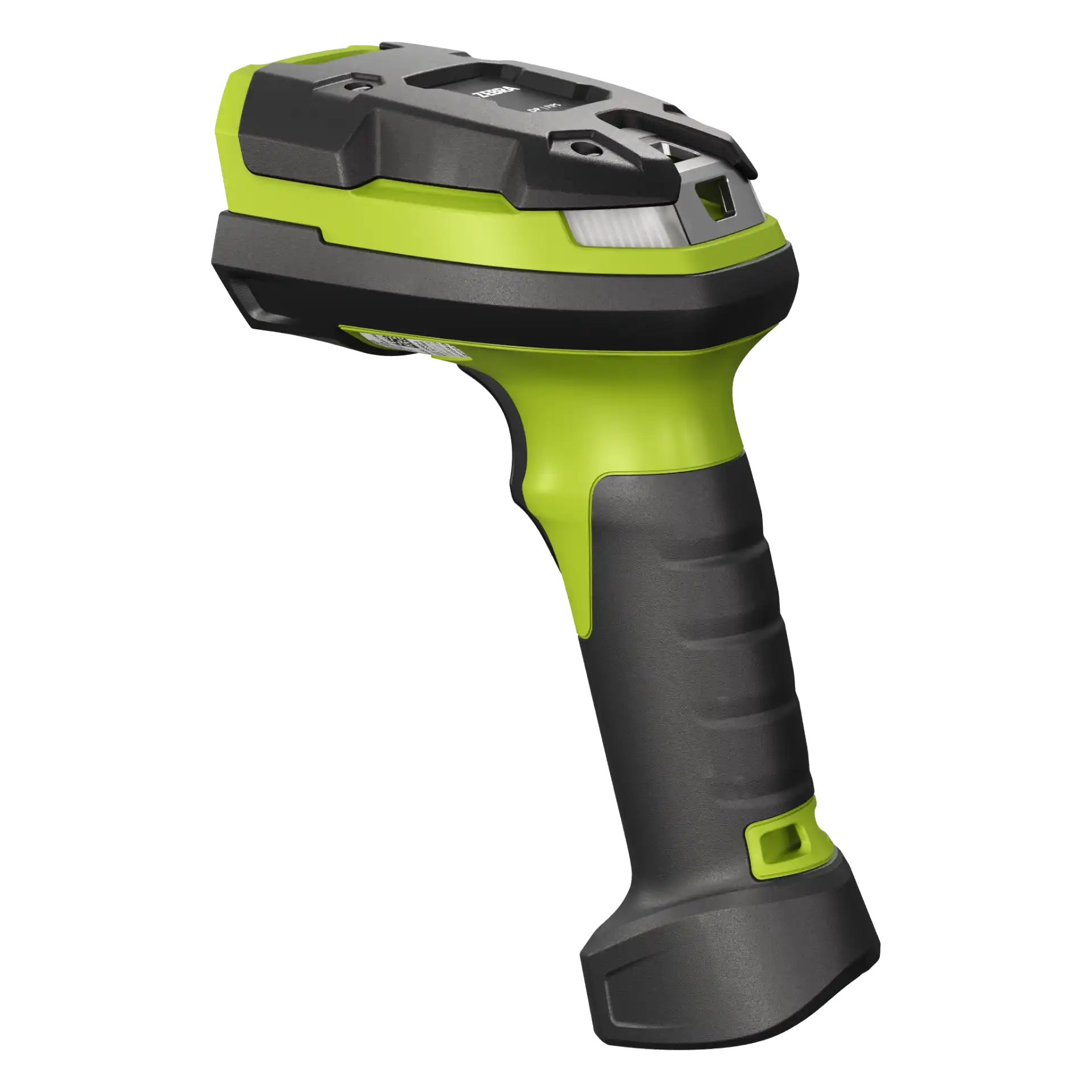 Barcode-Scanner Zebra DS3608-DPM – linke rückseitige Schrägansicht mit schwarzer Oberseite, Gehäusedetails und geripptem Griff.