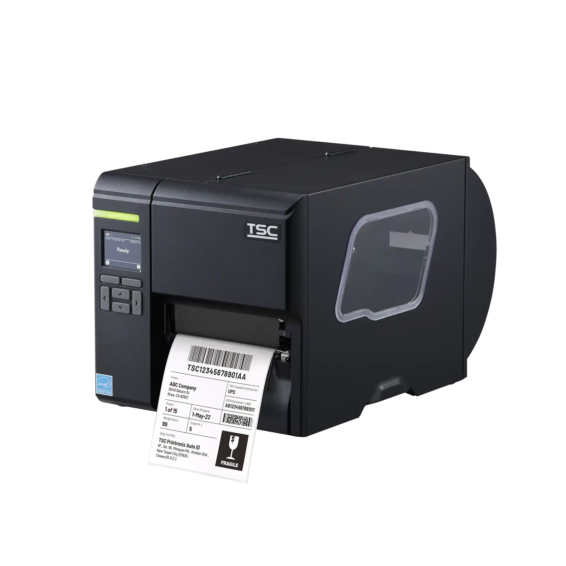 TSC ML241P - Etikettendrucker seitliche Frontansicht TSC ML241P Etikettendrucker, front-seitliche Perspektive mit Sichtfenster, Druckeranzeige eingeschaltet, Bedienfeld mit Pfeiltasten und Etikett im Ausgabeschacht