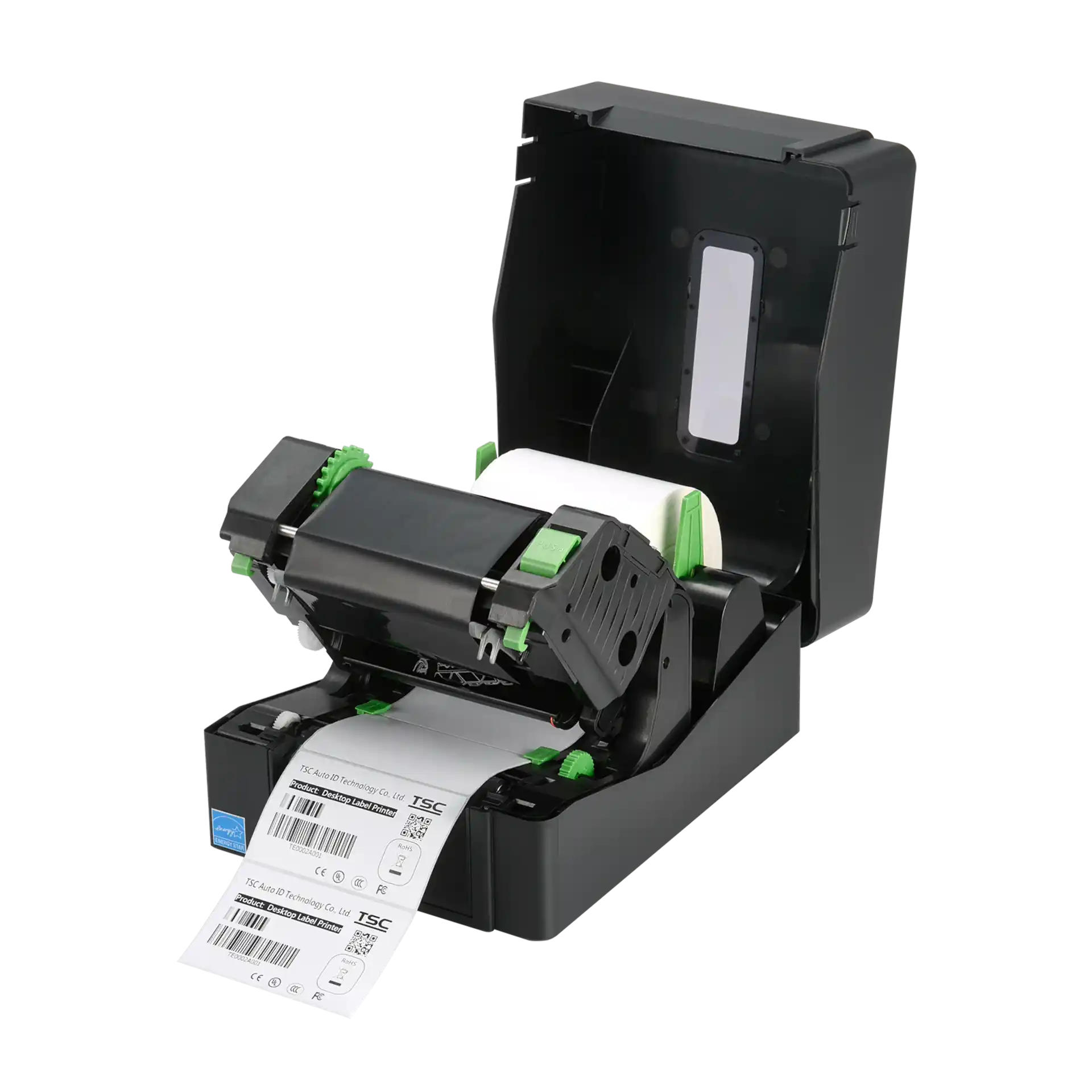 Geöffneter TSC TE200 Etikettendrucker zeigt Druckmechanik und Etikettenrolle