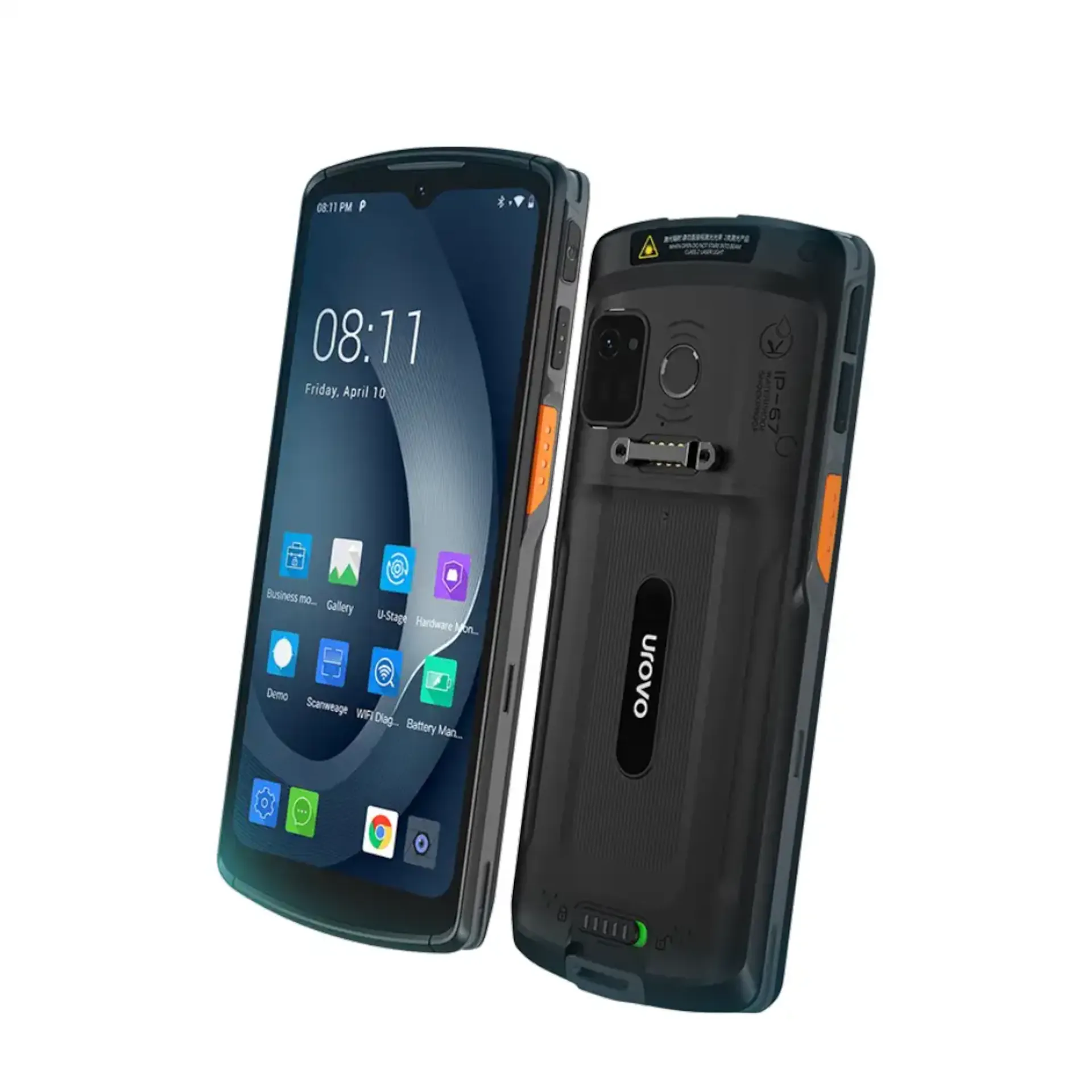 MDE-Gerät Urovo DT66 Vorderseite rechts und Rückseite links nebeneinander