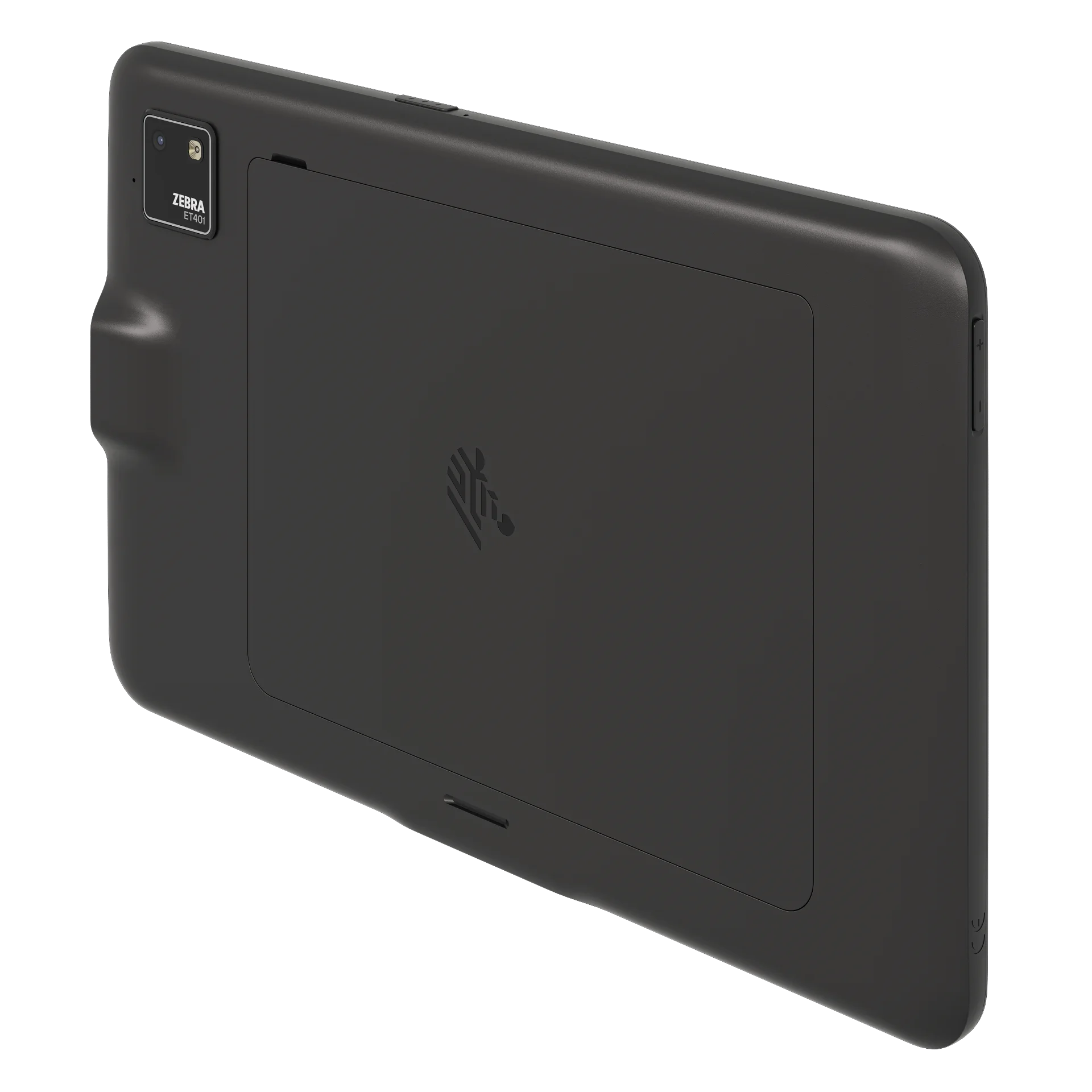 Tablet Zebra ET401, 10 Zoll – Rückseite rechts, Kamera, Scannerbereich und Struktur erkennbar