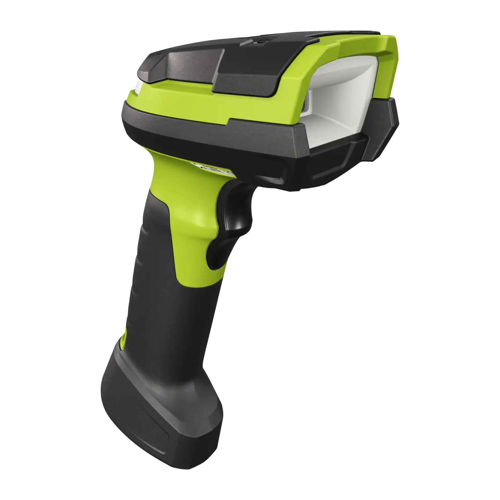 Barcode-Scanner Zebra DS3608-DPM – rechte Schrägansicht mit vertiefter Scanöffnung, umlaufendem Schutzrahmen und grün-schwarzem Gehäuse.