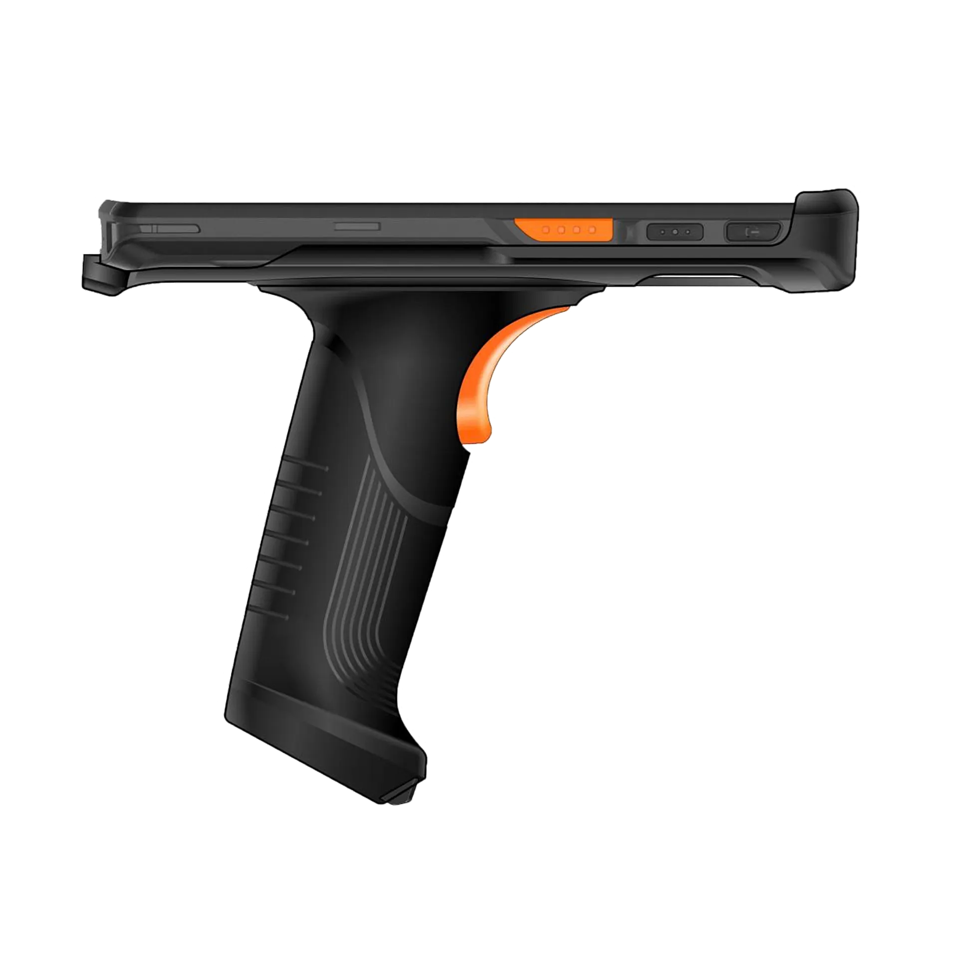 Urovo DT66 MDE Gerät Seitenansicht, schwarzer Pistolengriff mit orangen Akzenten, ergonomisches Design