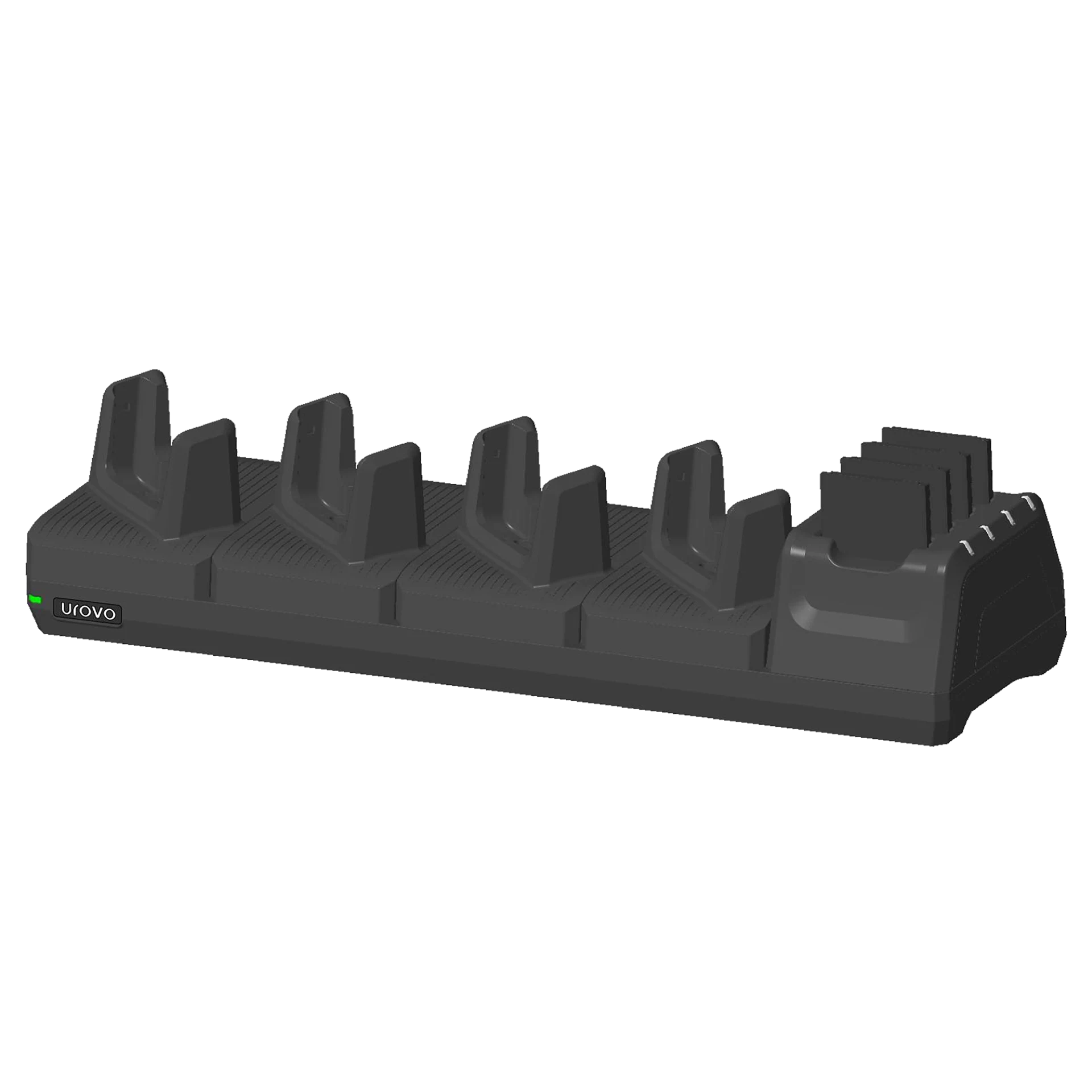 Urovo DT66 Ladestation für 4 Geräte und 4 Akkus in seitlicher oberer Frontansicht mit eingelegten Akkus ohne MDE Geräte