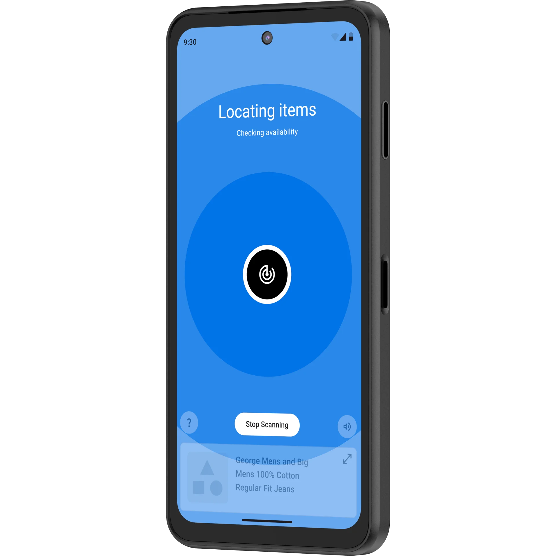 Zebra EM45-RFID MDE Gerät, rechtsseitig, Display zeigt blauen RFID-Suchbildschirm, Tasten sichtbar.