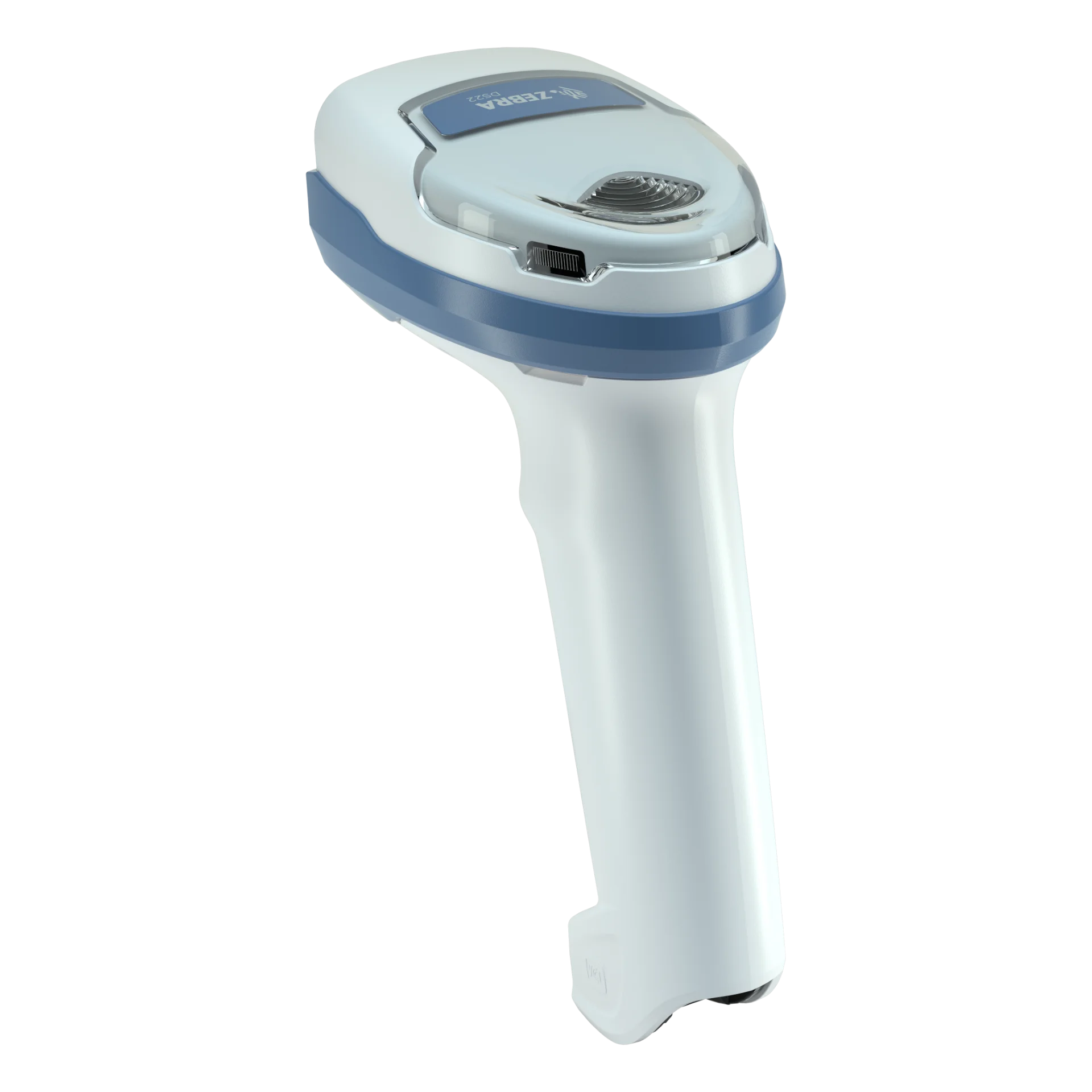 Barcode-Scanner Zebra DS2278-HC schräg von hinten links: weißes Gehäuse mit blauem Band, Typenschild und transparenter Abdeckung.