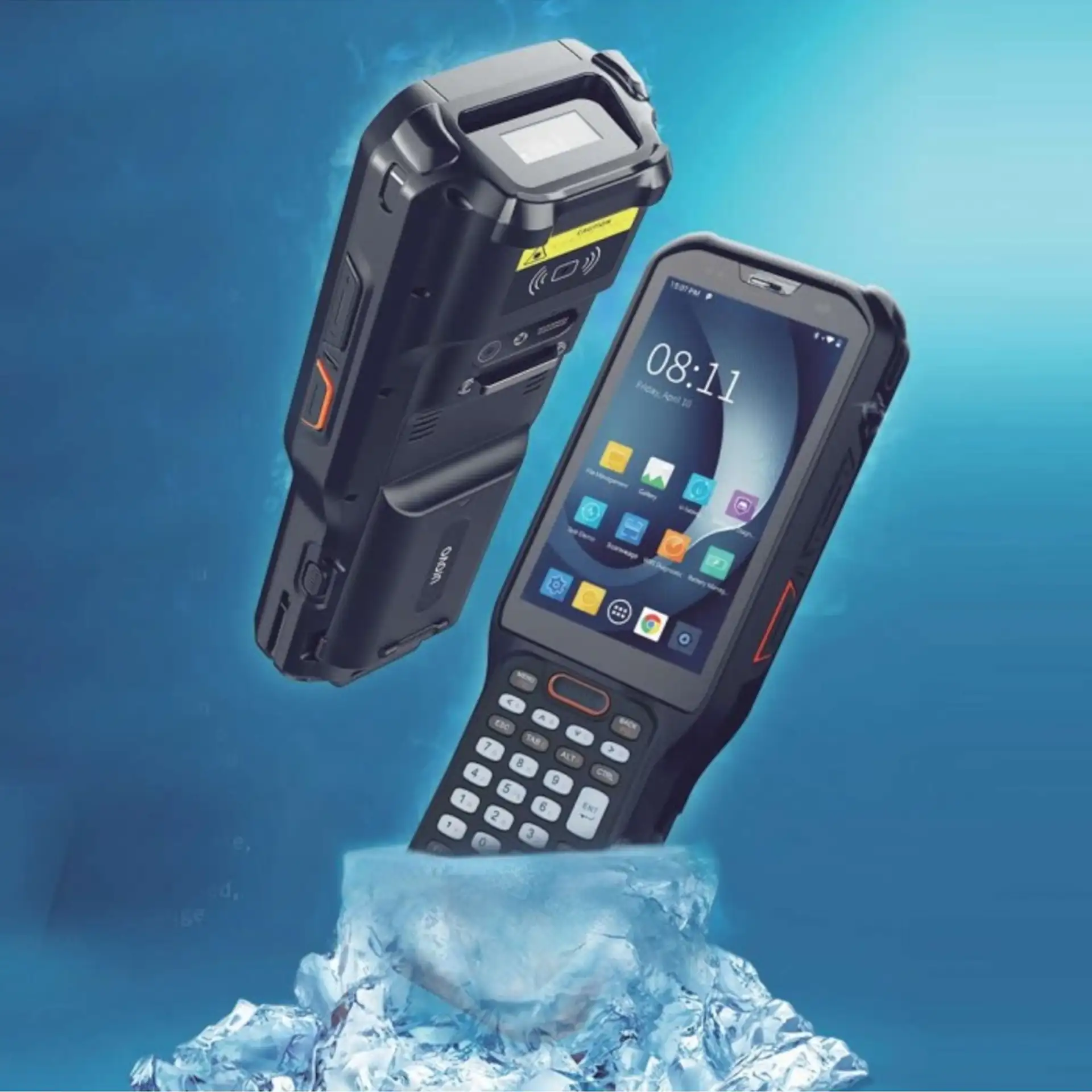 Urovo RT40S MDE Gerät mit Display und Barcode-Scanner auf Eis-Hintergrund