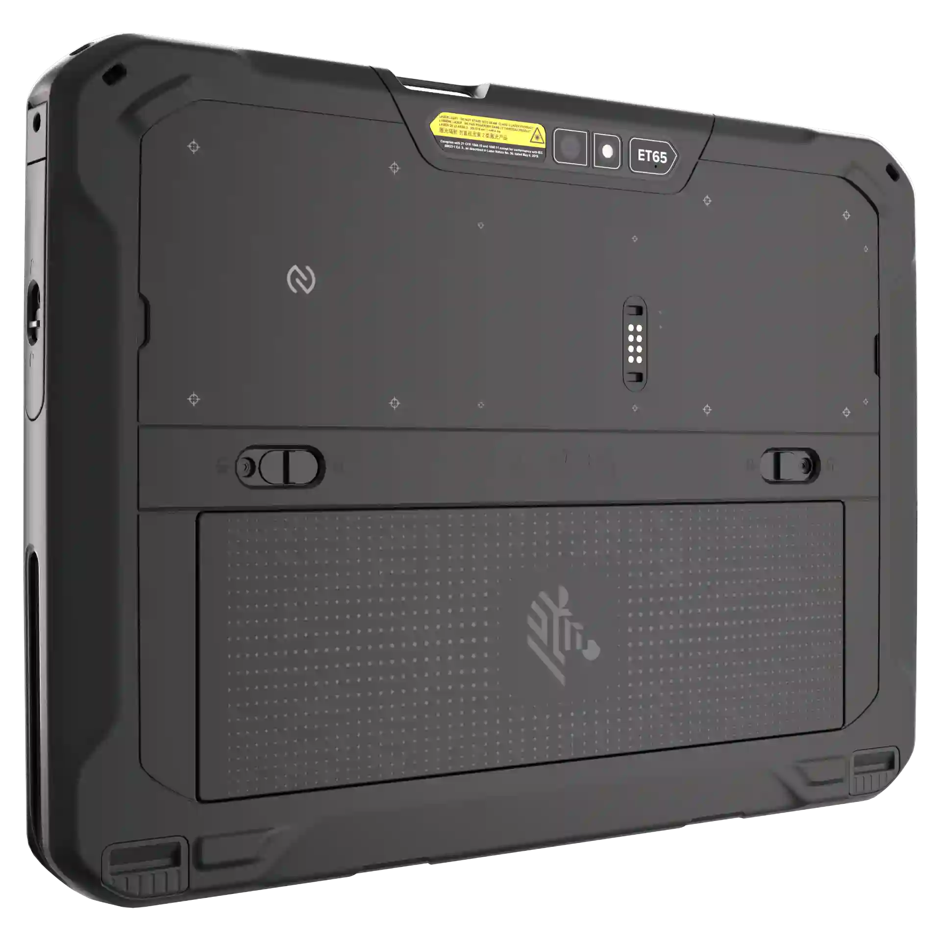 Tablet Zebra ET65 – Rückseite links mit Kamera, Scannermodul und Verriegelungen