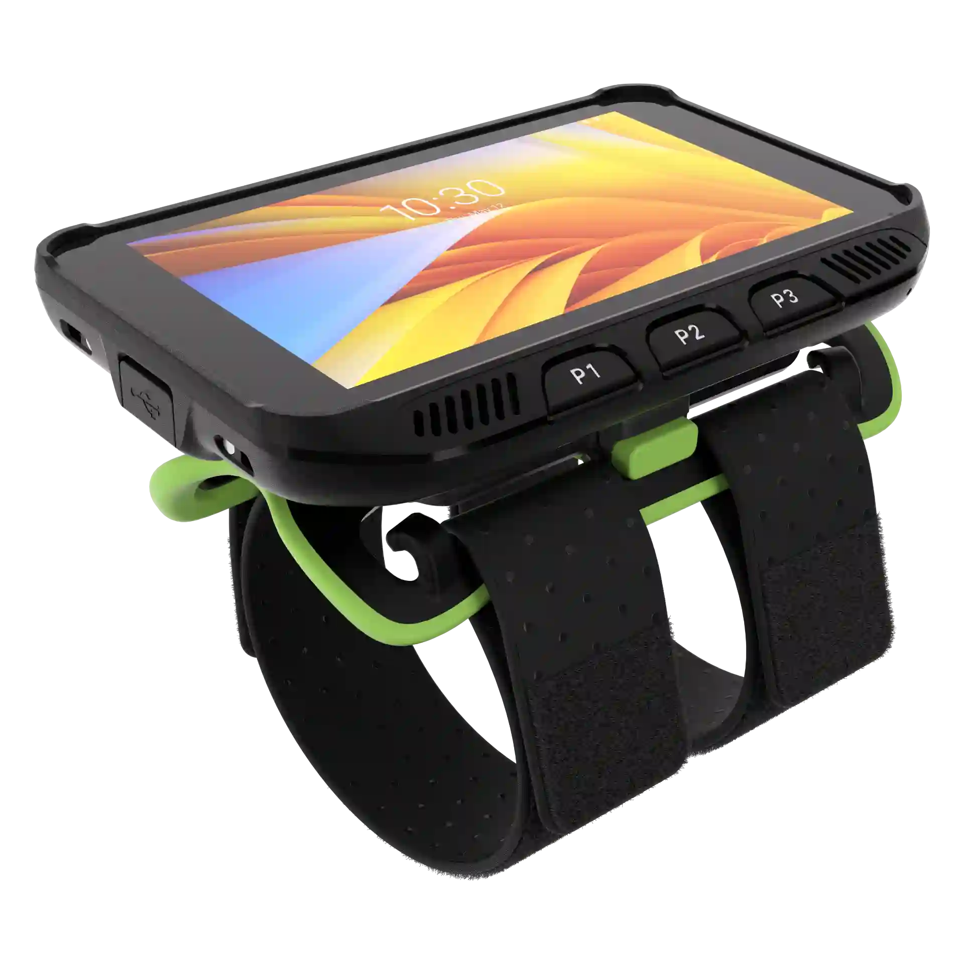 Wearable Zebra WT5400 – Linke Frontansicht mit Halterung und zwei Riemen mit Klettverschlüssen