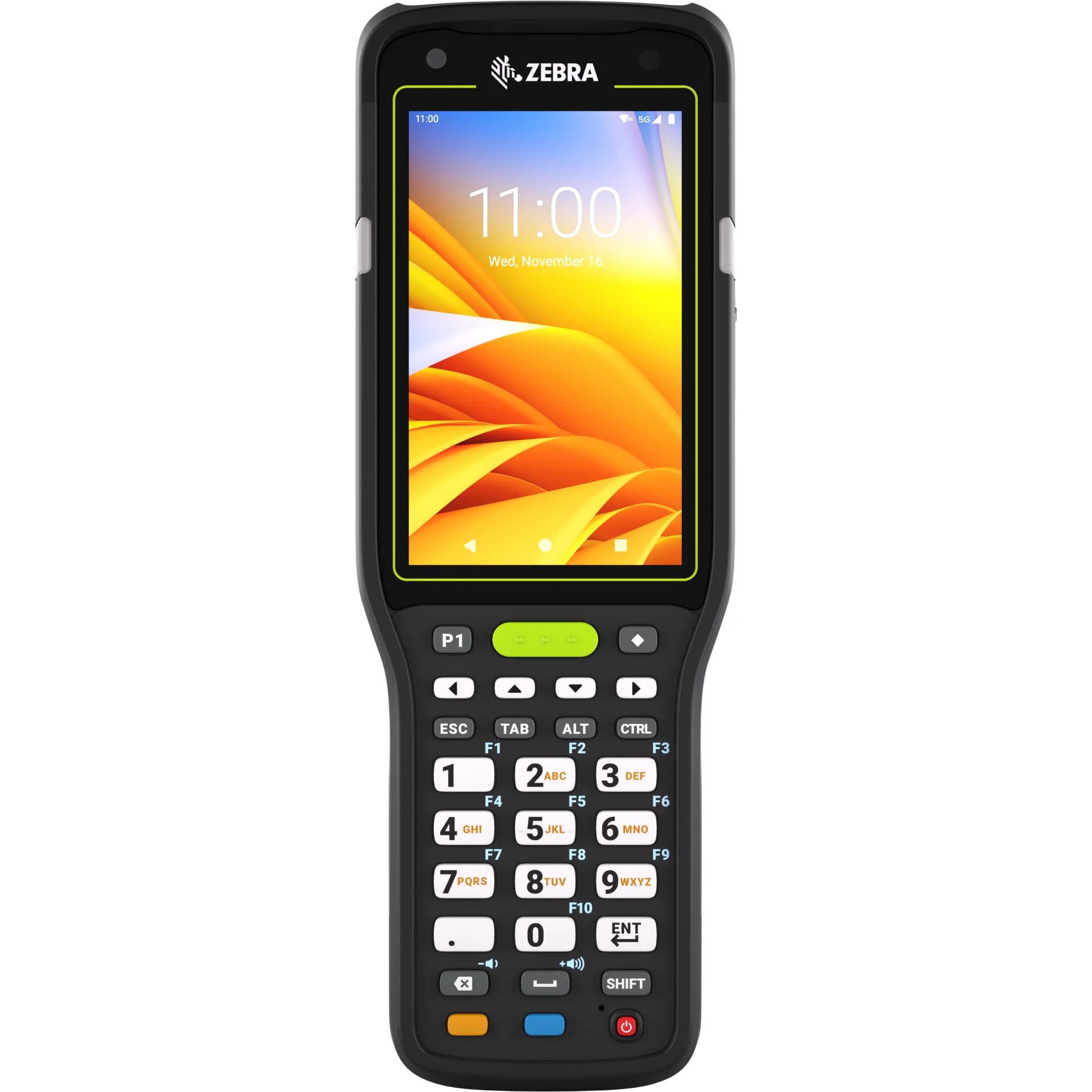 MDE Gerät Zebra MC3400/MC3450 mit Pistolengriff frontal, 29 Tasten, Display an, Kamera sichtbar.