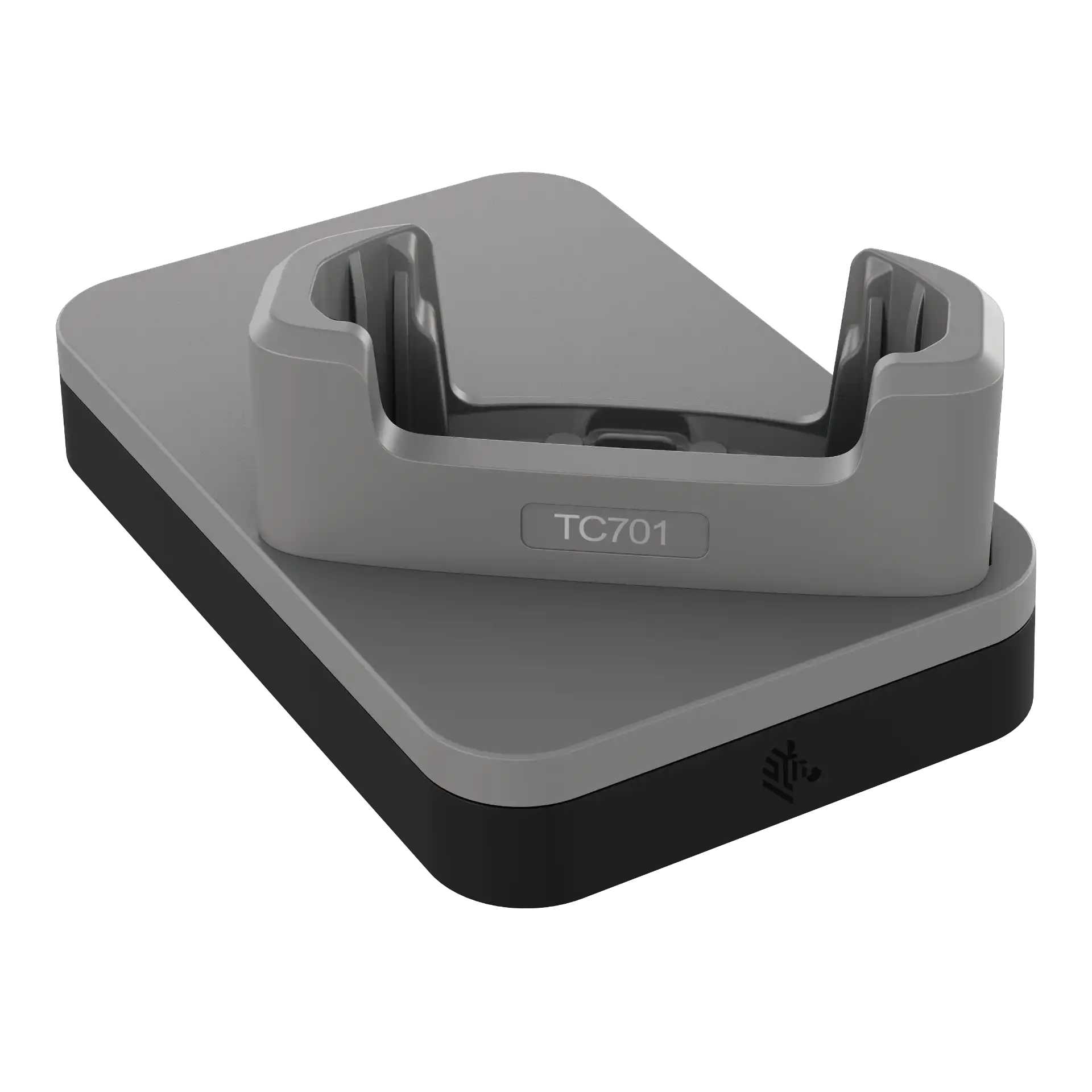 MDE-Gerät Zebra TC701 – Ladestation vorne links mit Halteschale, Logo und Kontaktbereich