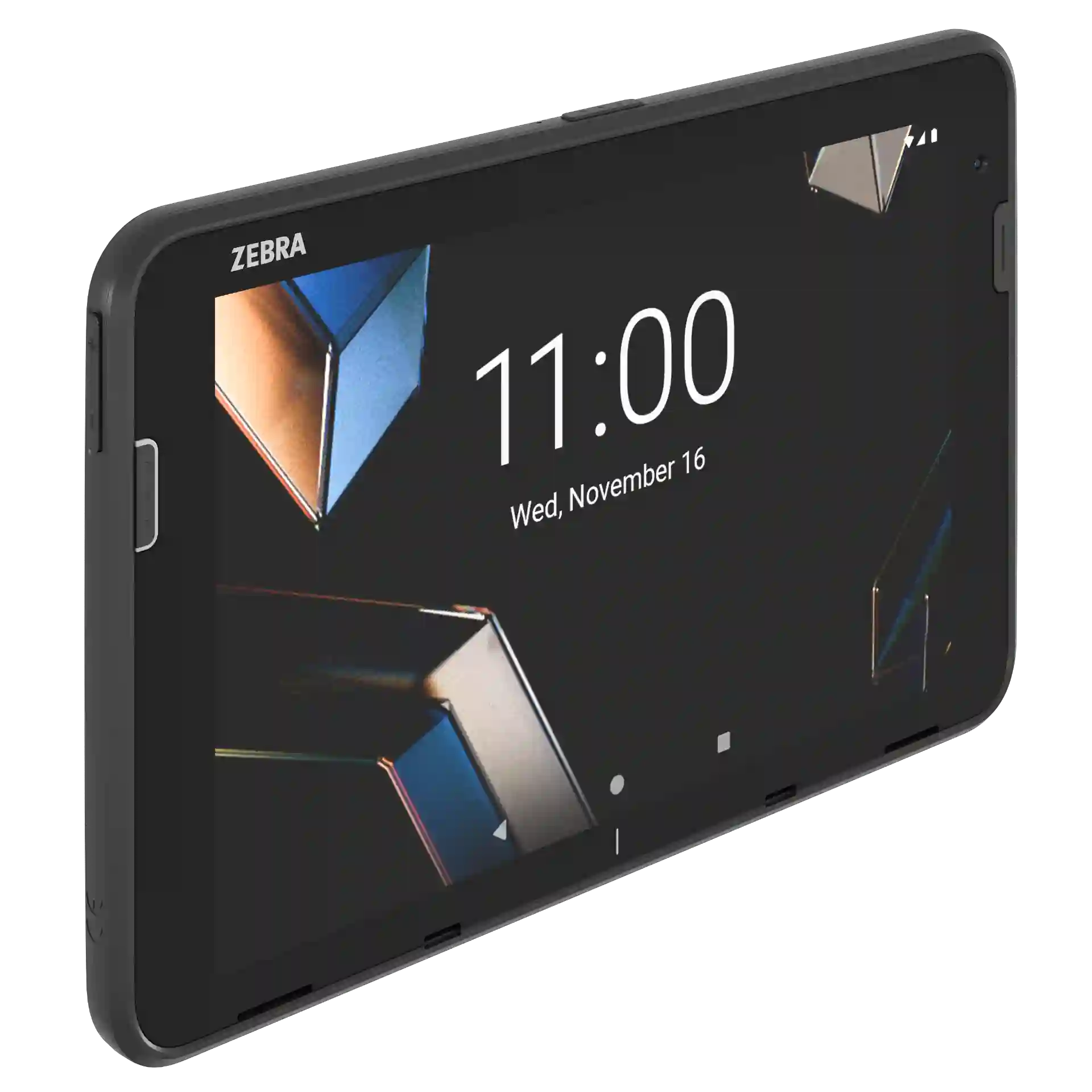 Tablet Zebra ET401, 8 Zoll mit Scanner – schräge Front links, Display an, Kamera und seitliche Tasten sichtbar