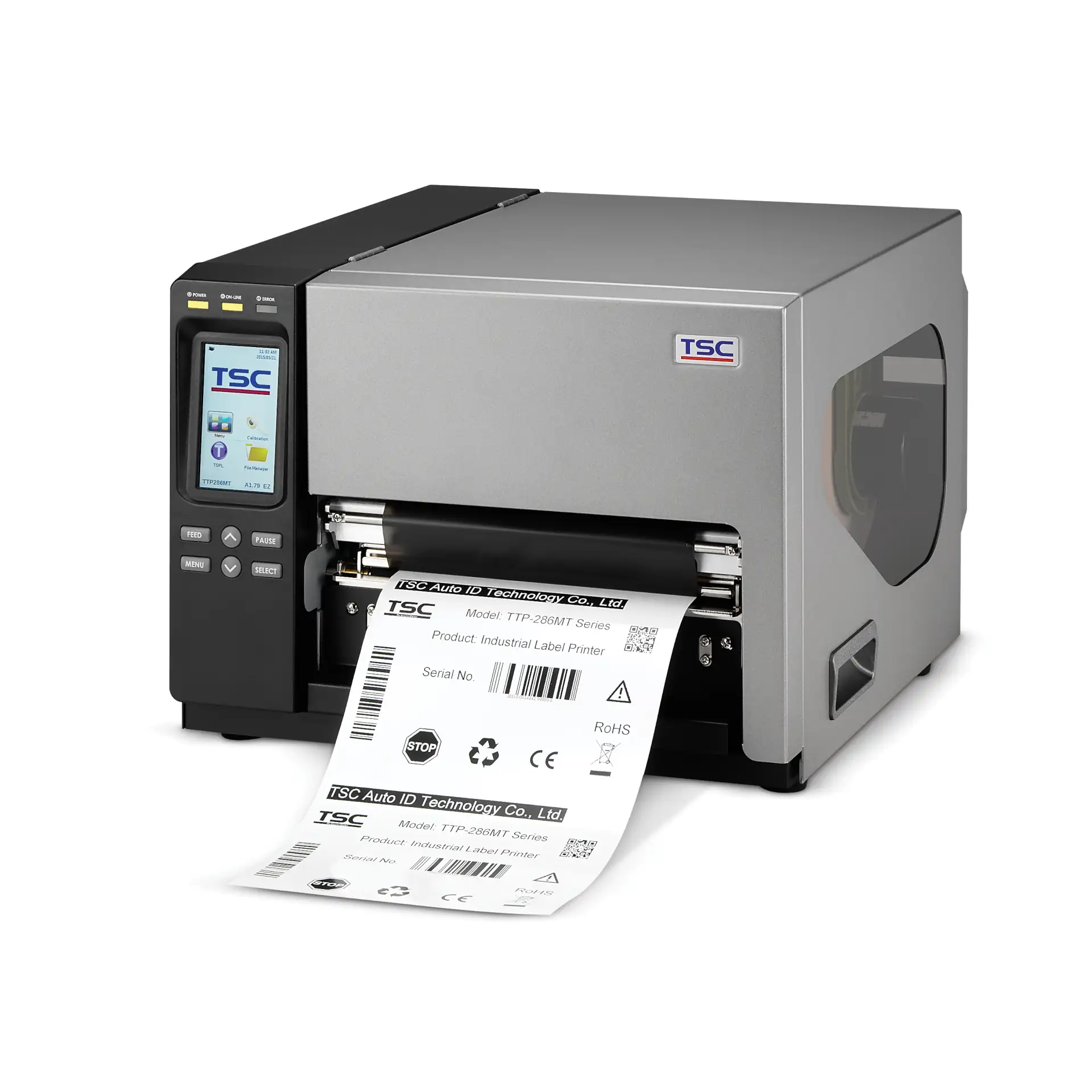 TSC TTP-286MT Etikettendrucker, seitliche Ansicht mit eingeschaltetem Display, gedrucktes Etikett sichtbar.