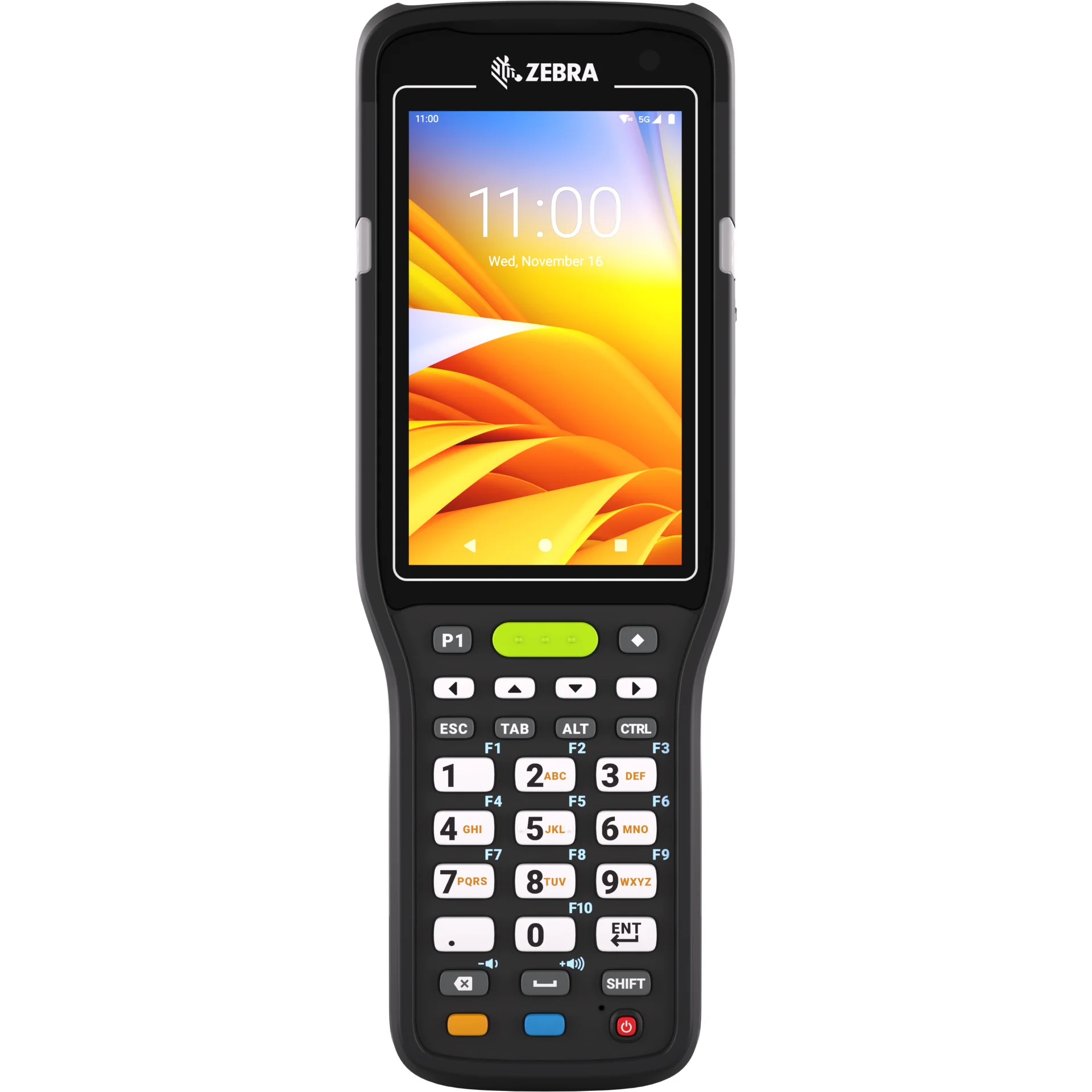 MDE Gerät Zebra MC3400/MC3450 mit Pistolengriff frontal, 29 Tasten, Display an, ohne Kamera.