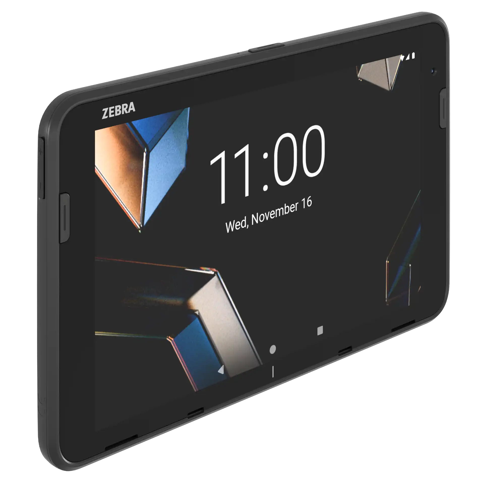 Tablet Zebra ET401 – schräge Front links mit aktivem 8-Zoll-Display und seitlichen Tasten