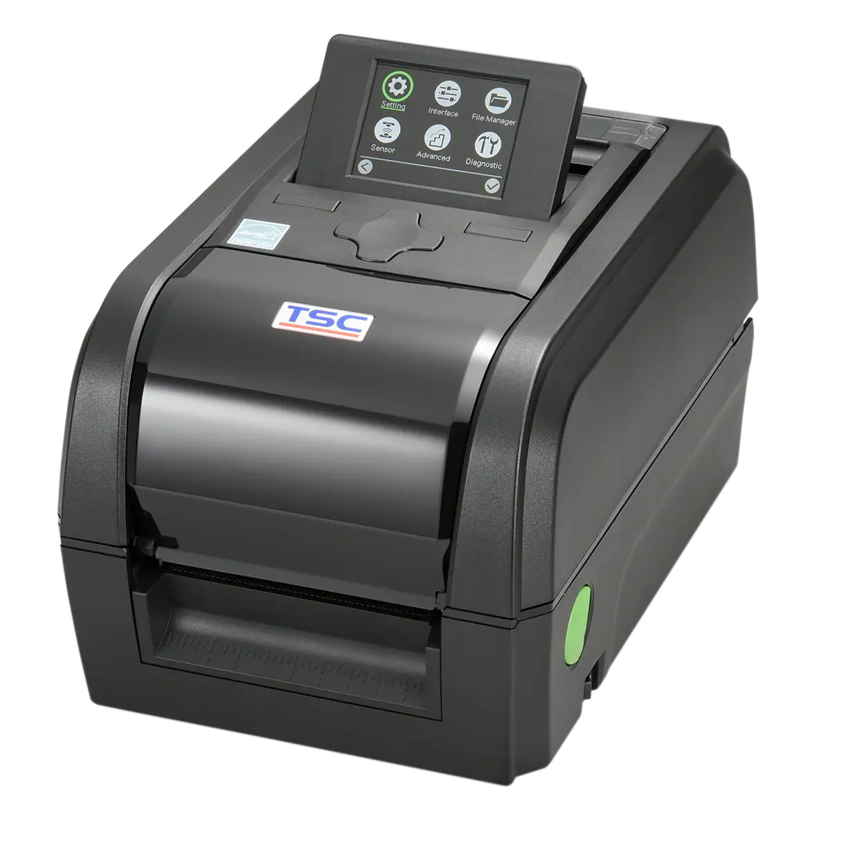TSC TX210 Etikettendrucker, schräg-frontale Perspektive, oben Bedienelemente und eingeschaltetes LCD-Display sichtbar