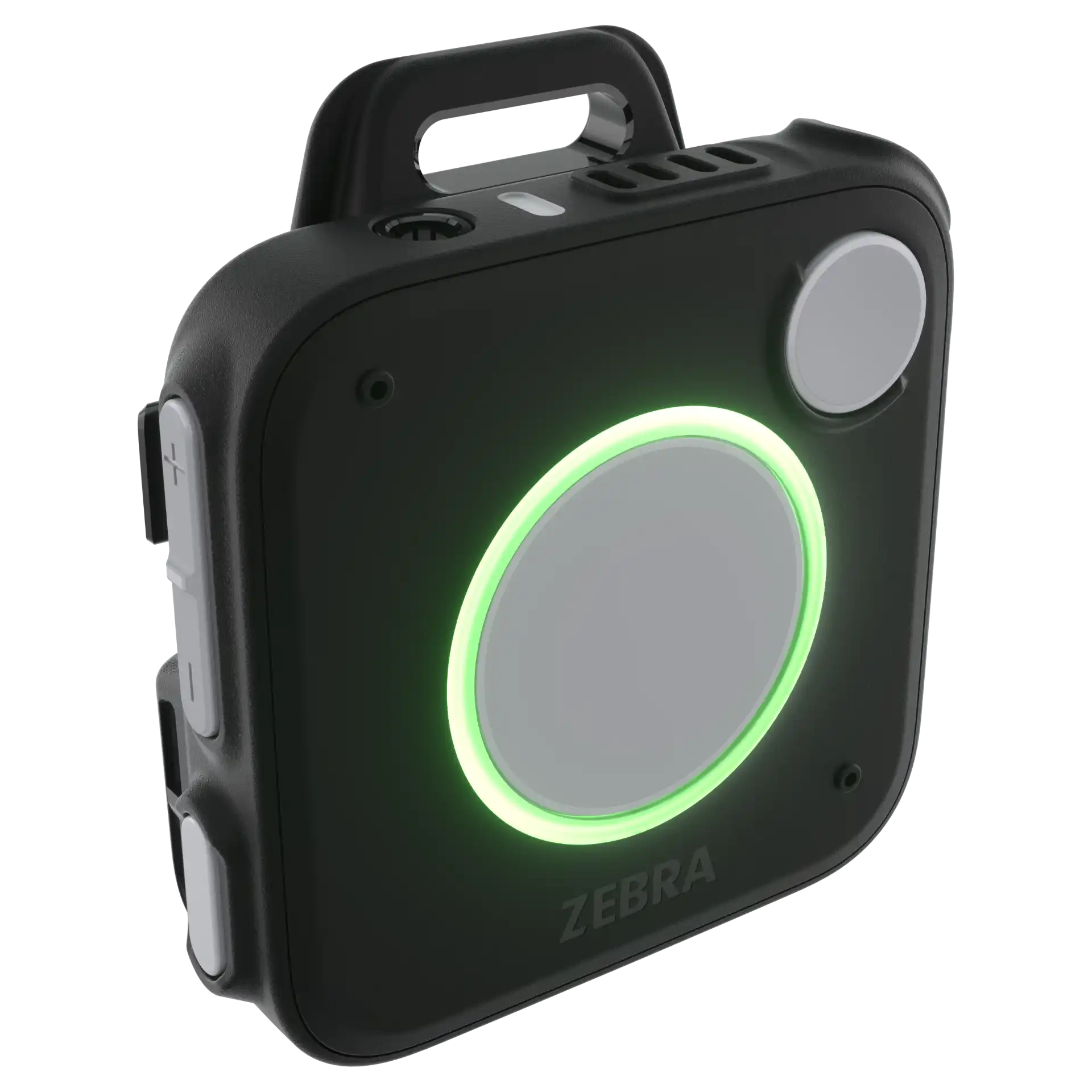 Wearable Zebra WS101 – Linke Frontansicht mit LED-Ring und Plus-/Minus-Tasten