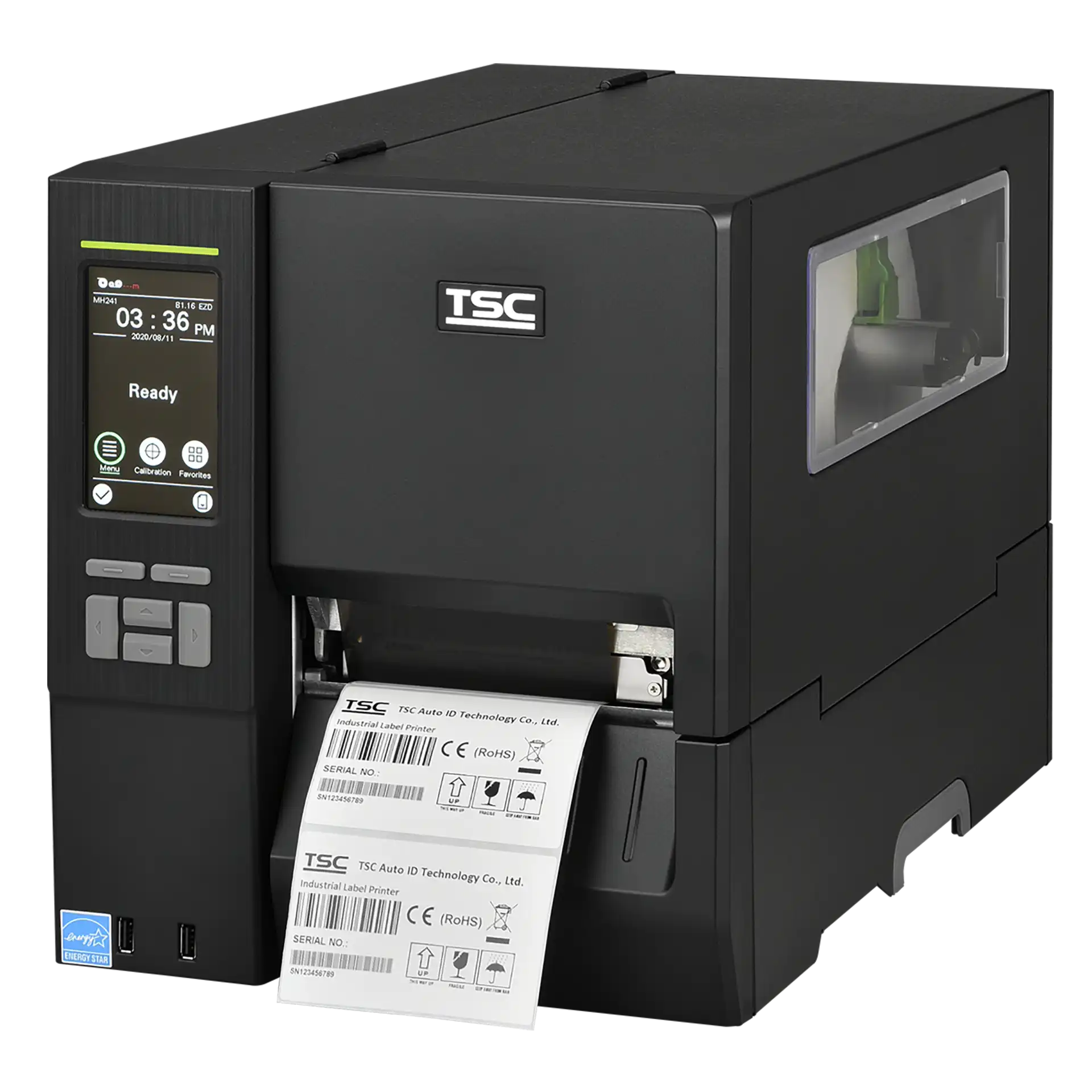 TSC MH241T Etikettendrucker - seitliche Frontansicht mit Etikett TSC MH241T Etikettendrucker, seitliche Frontansicht, bedrucktes Etikett wird ausgegeben, Display ist eingeschaltet, Funktionstasten sichtbar