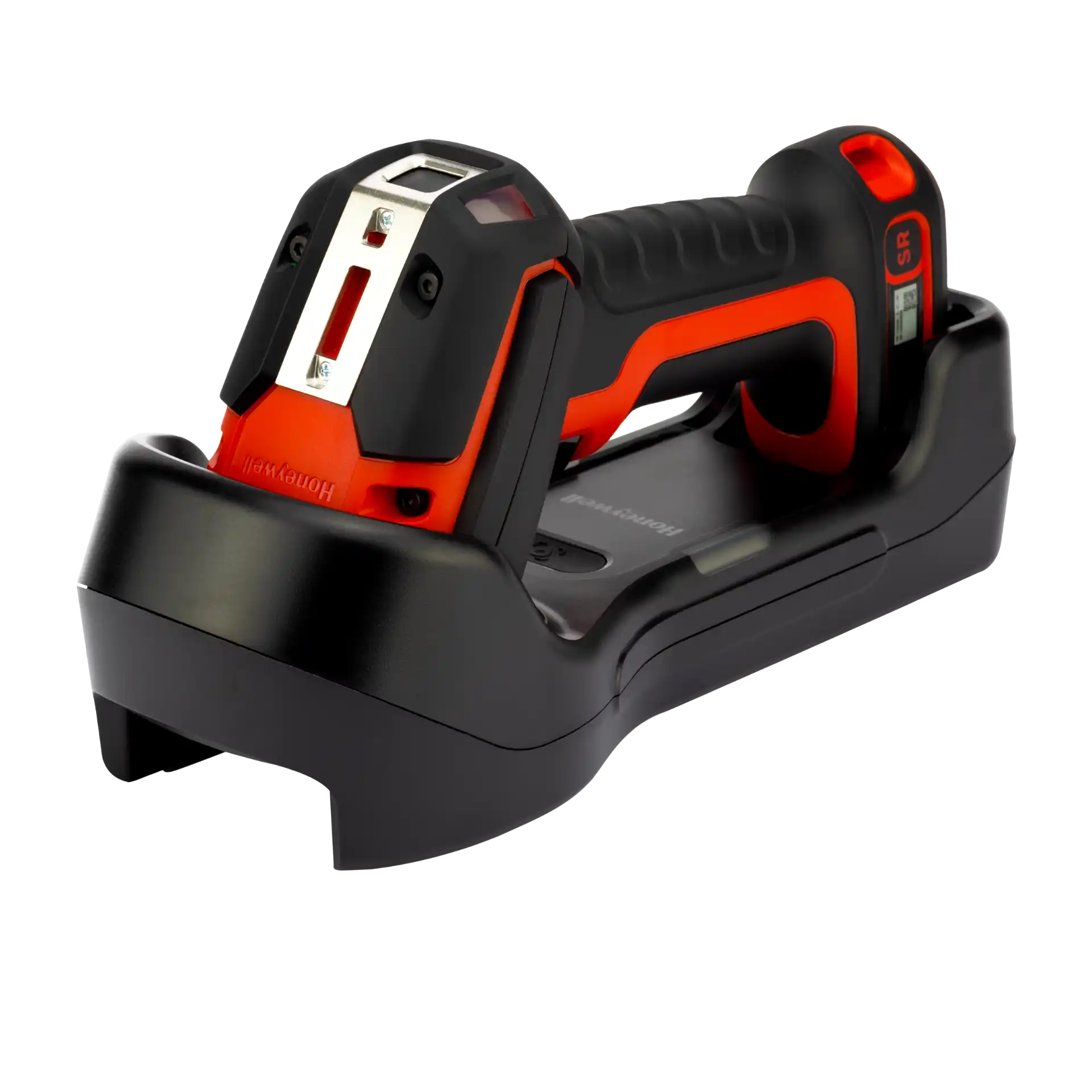 Barcode-Scanner Honeywell Granit Ultra 2105i SR in Ladestation, aus rechts-oben mit Griff, Trigger, Scanfenster und Ladekontakten.