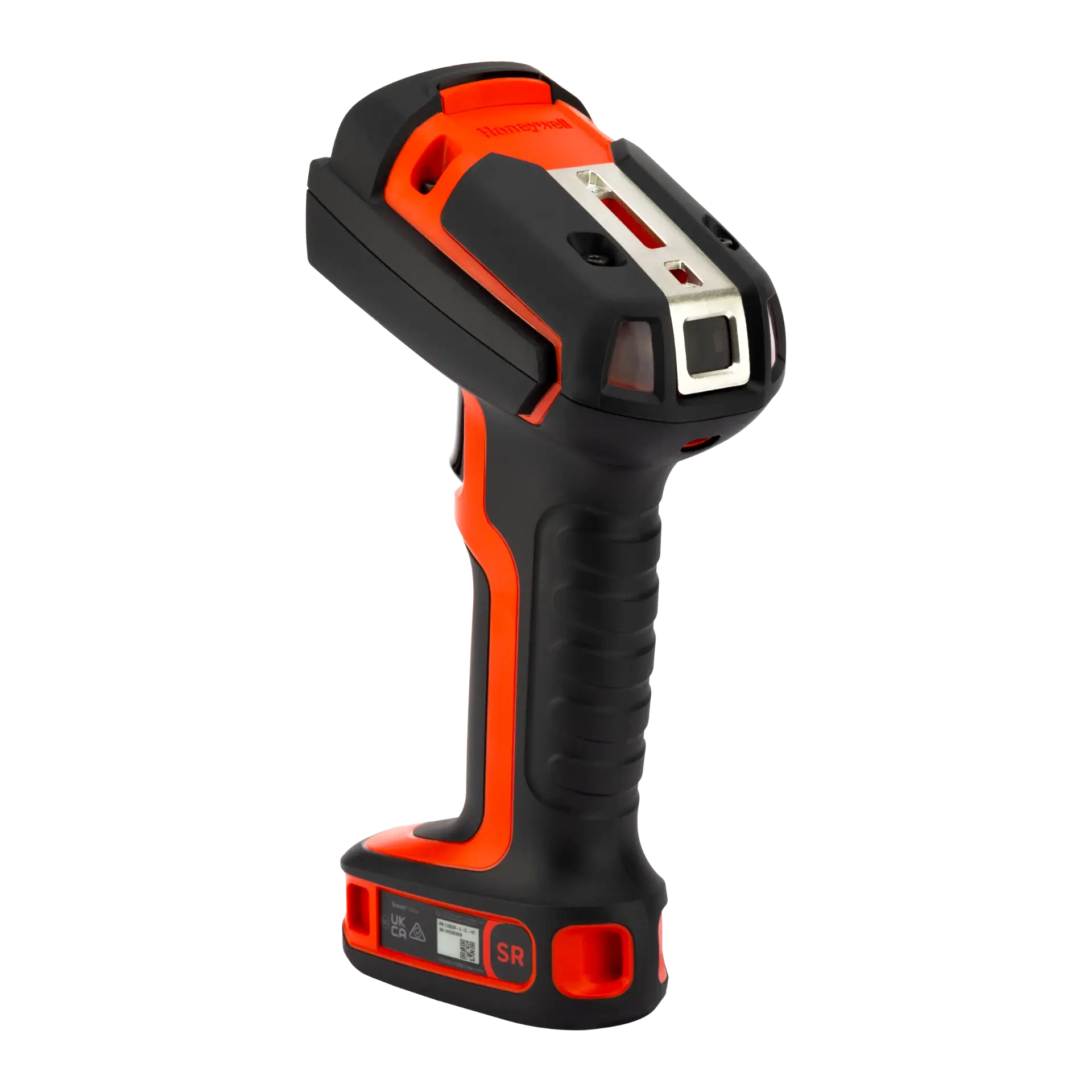 Barcode-Scanner Honeywell Granit Ultra 2105i SR – schräge Rückansicht links mit Schutzgehäuse und gummiertem Griff.