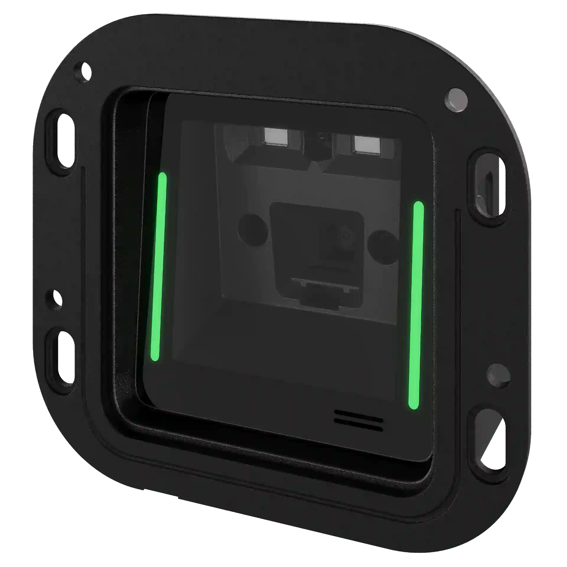 Barcode Scanner Zebra SP20 mit Flanschhalterung – Front rechts mit Sensoren und grünem LED-Licht