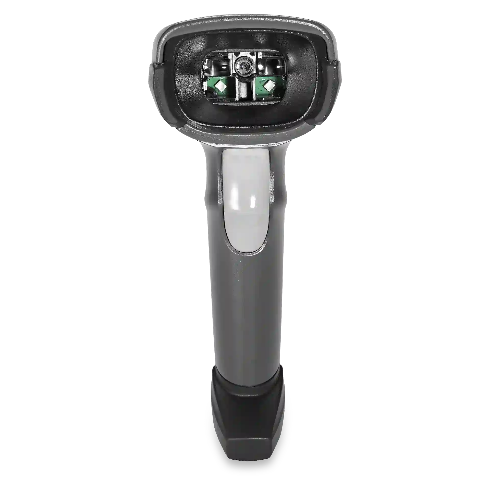 Barcode-Scanner Zebra DS2208 in schwarz, frontal fotografiert, Linse und zwei Sensor- oder Beleuchtungselemente im Scanfenster sichtbar.
