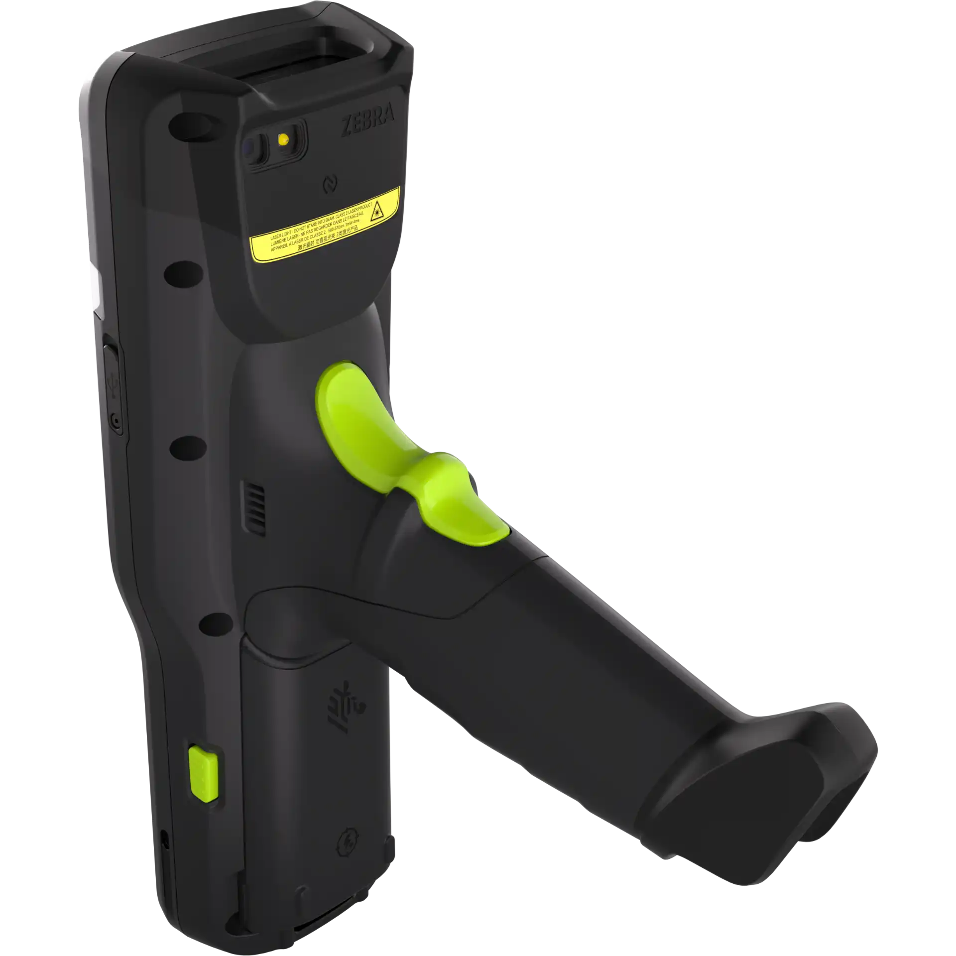 MDE Gerät Zebra MC3400/MC3450 mit Pistolengriff seitliche linke Rückansicht, Kamera und Griff.