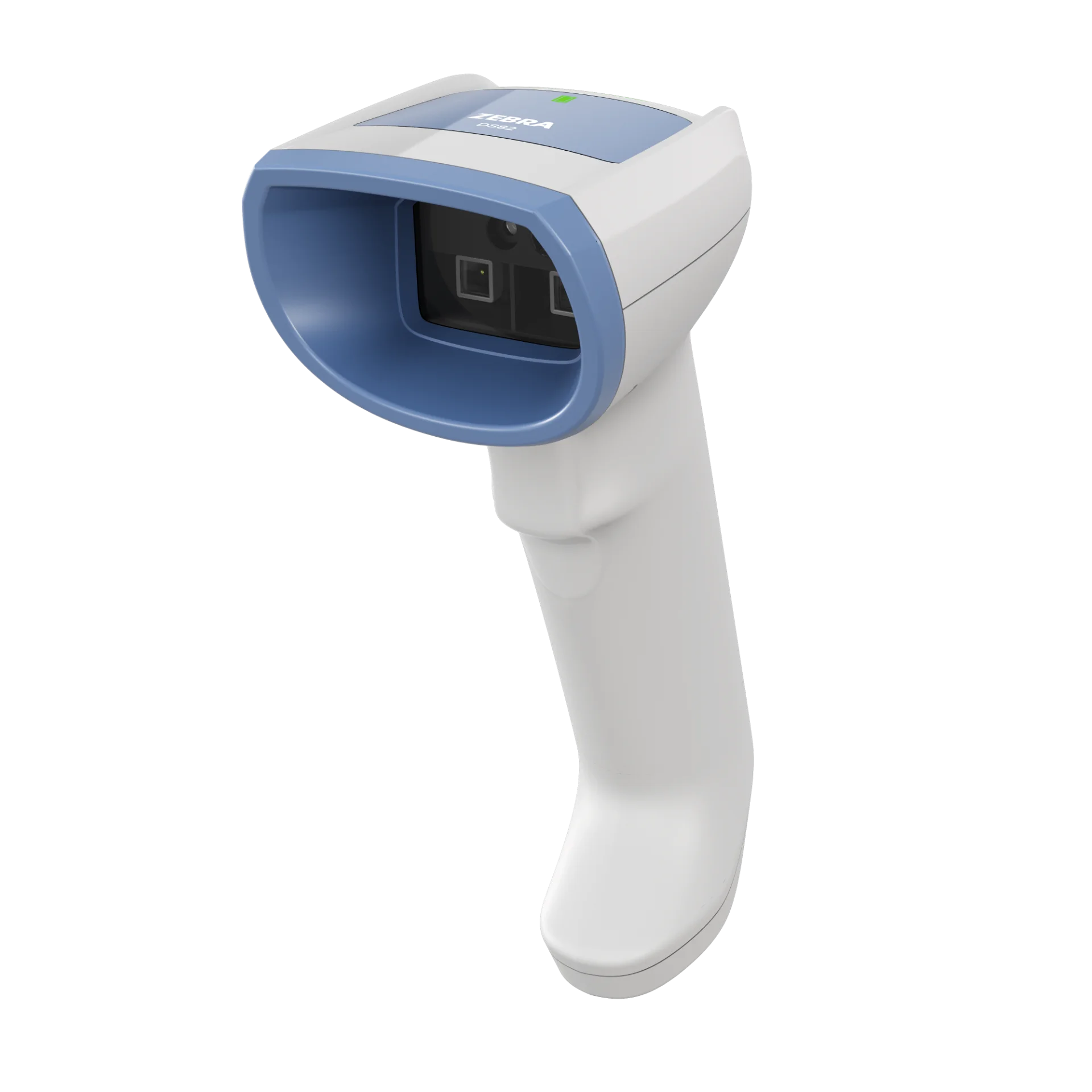 Barcode Scanner Zebra DS8208-HC – schräg rechts von vorn, Scanfenster mit Optik, blaues Kopfgehäuse, oben grüne LED und Beschriftung